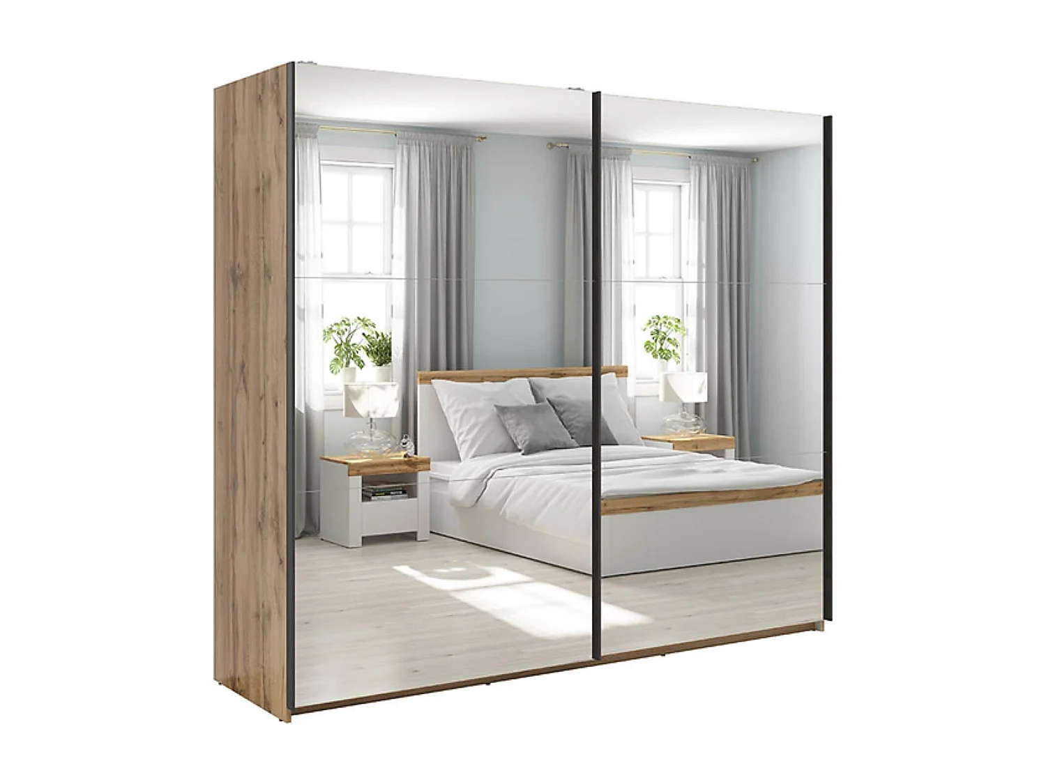 Armoire coulissante avec miroir coloris chêne Sonoma - Longueur 220 x Profondeur 60 x Hauteur 195,5 cm