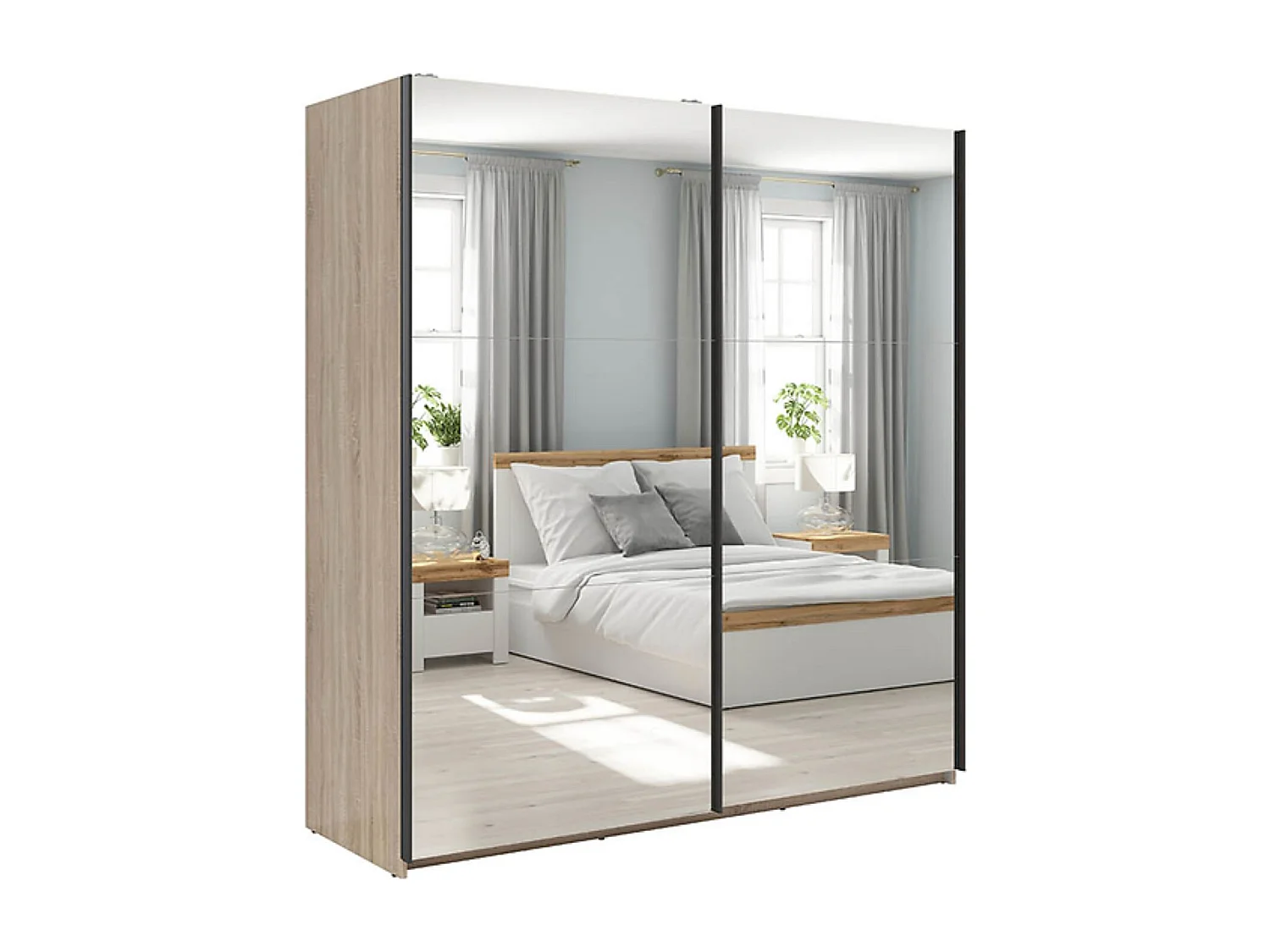 Armoire coulissante Placard avec miroir coloris chêne Sonoma - Longueur 183 x Profondeur 60 x Hauteur 195,5 cm