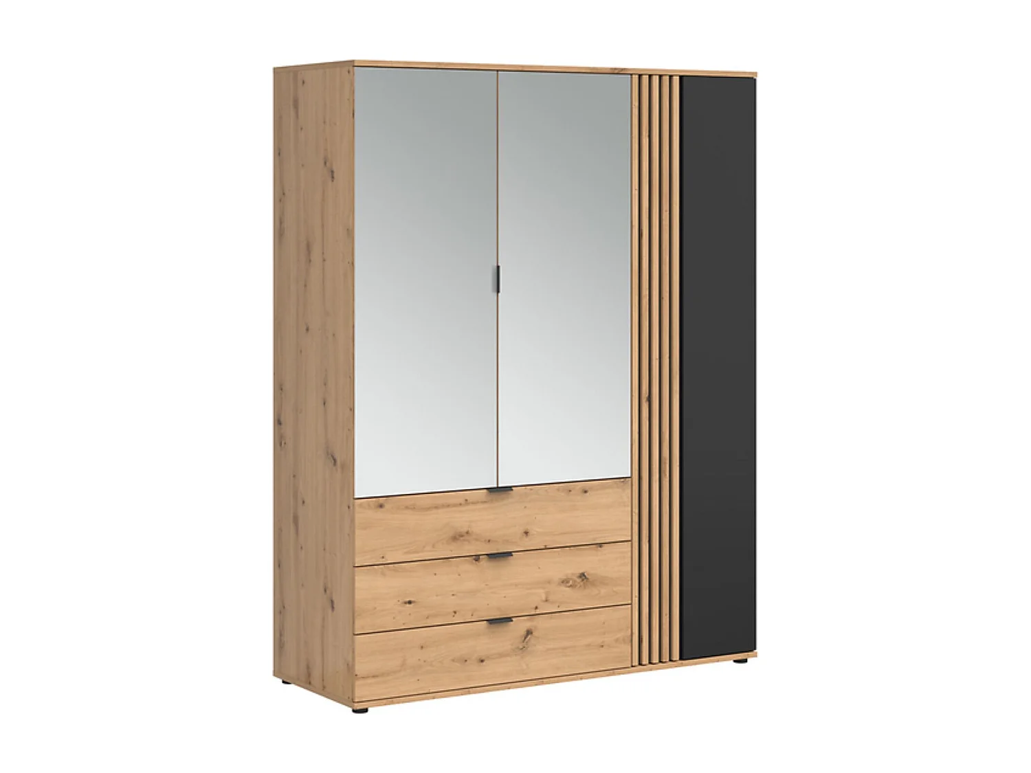 Armoire à 3 portes et 3 tiroirs avec miroir,coloris Chêne artisan/Noir - Longueur 150,5 x Profondeur 56 x Hauteur 195,5 cm