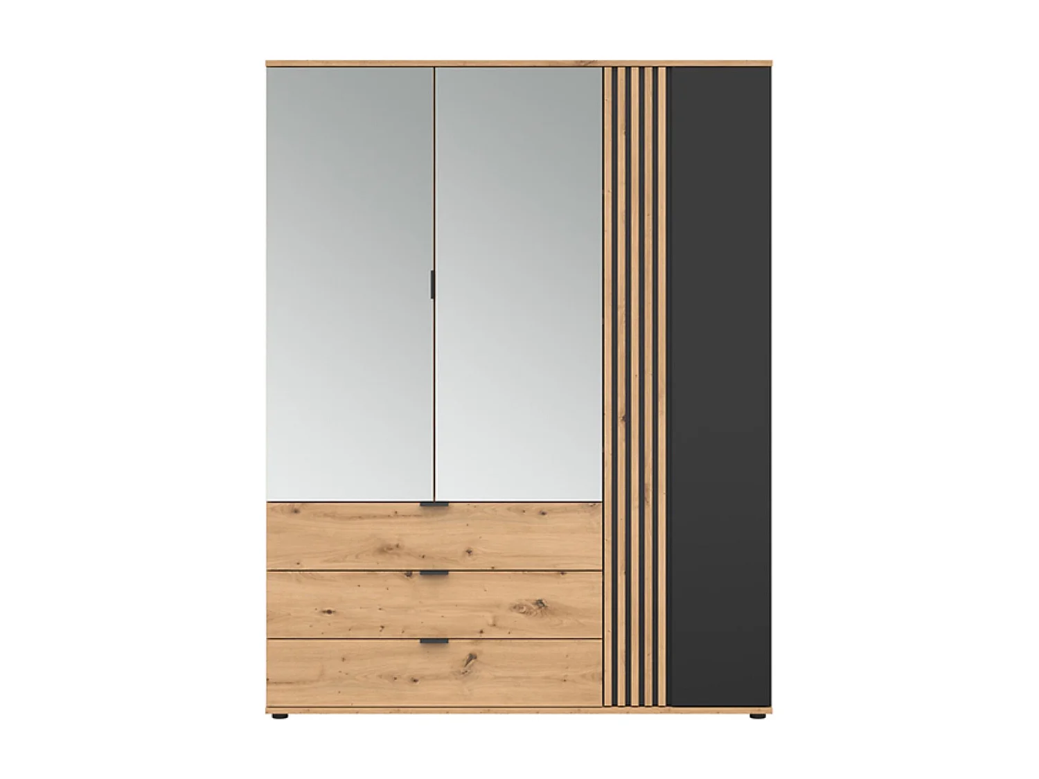 Armoire à 3 portes et 3 tiroirs avec miroir,coloris Chêne artisan/Noir - Longueur 150,5 x Profondeur 56 x Hauteur 195,5 cm
