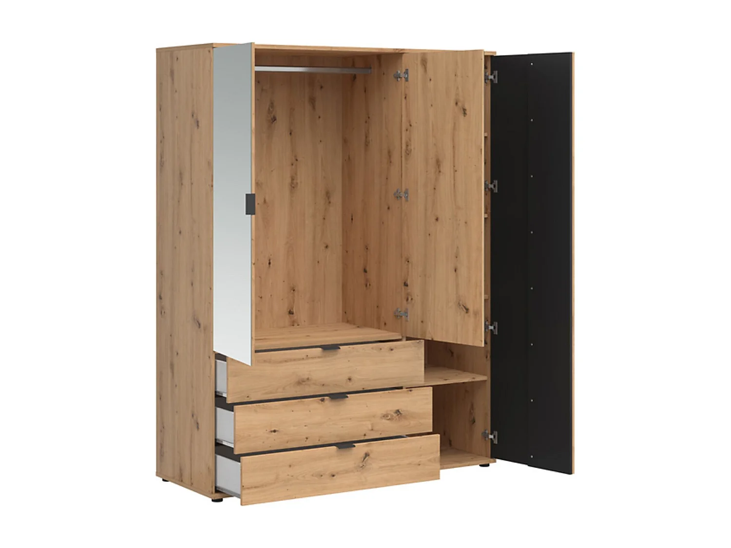 Armoire à 3 portes et 3 tiroirs avec miroir,coloris Chêne artisan/Noir - Longueur 150,5 x Profondeur 56 x Hauteur 195,5 cm