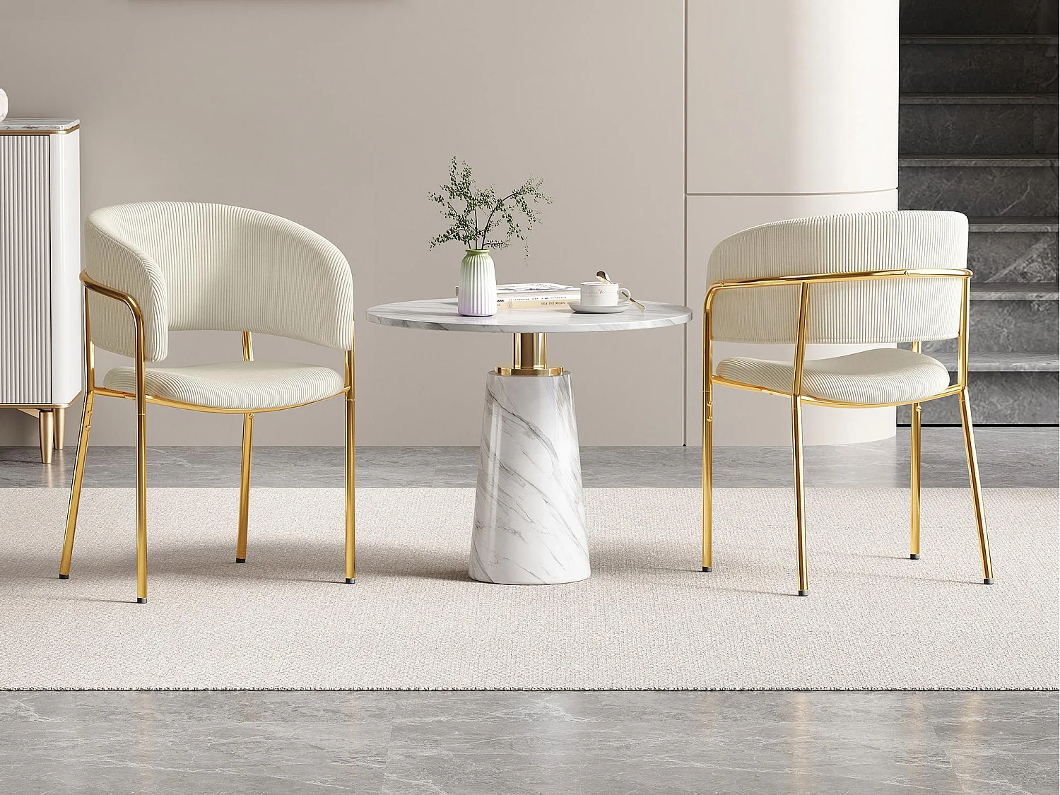 Lot de 2 Chaises - tissu en velours côtelé - pieds en métal - style contemporain - Beige