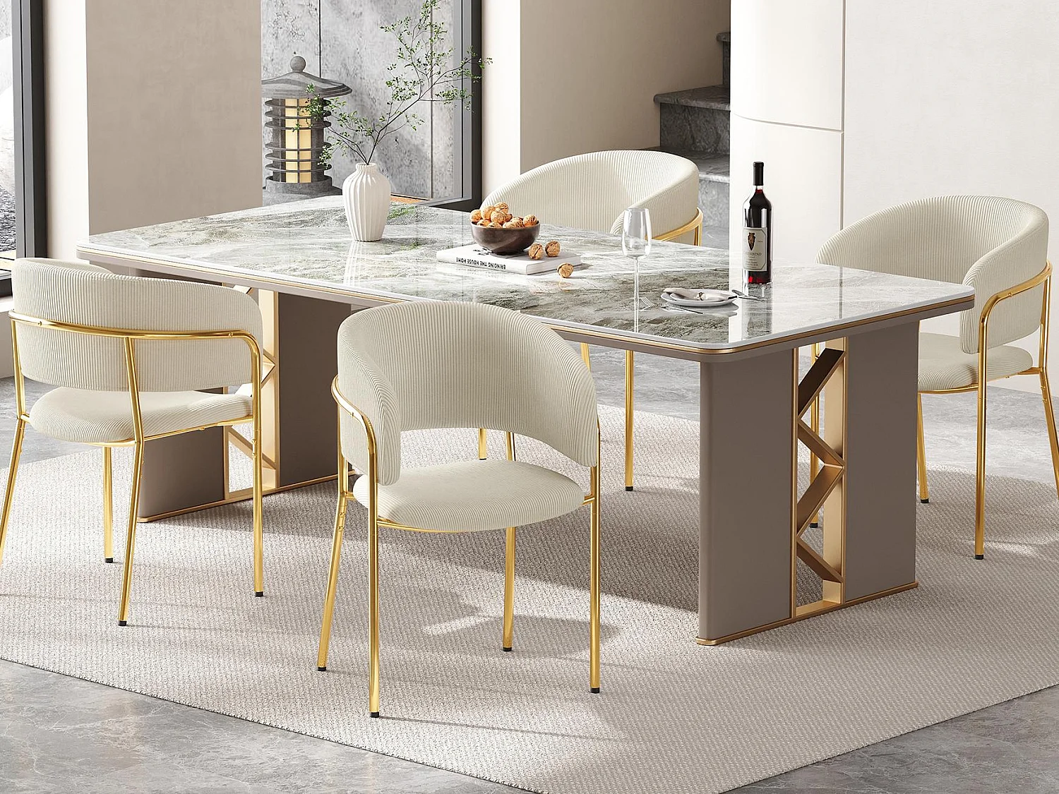 Lot de 4 Chaises - tissu en velours côtelé - pieds en métal - style contemporain - Beige