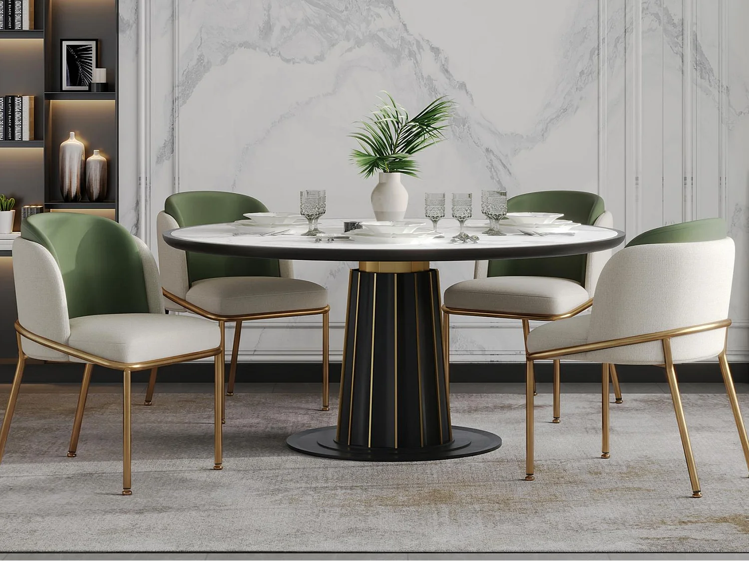 Set of 4 Chairs - Linen and faux leather - Metal legs - Contemporary style - Green + Beige