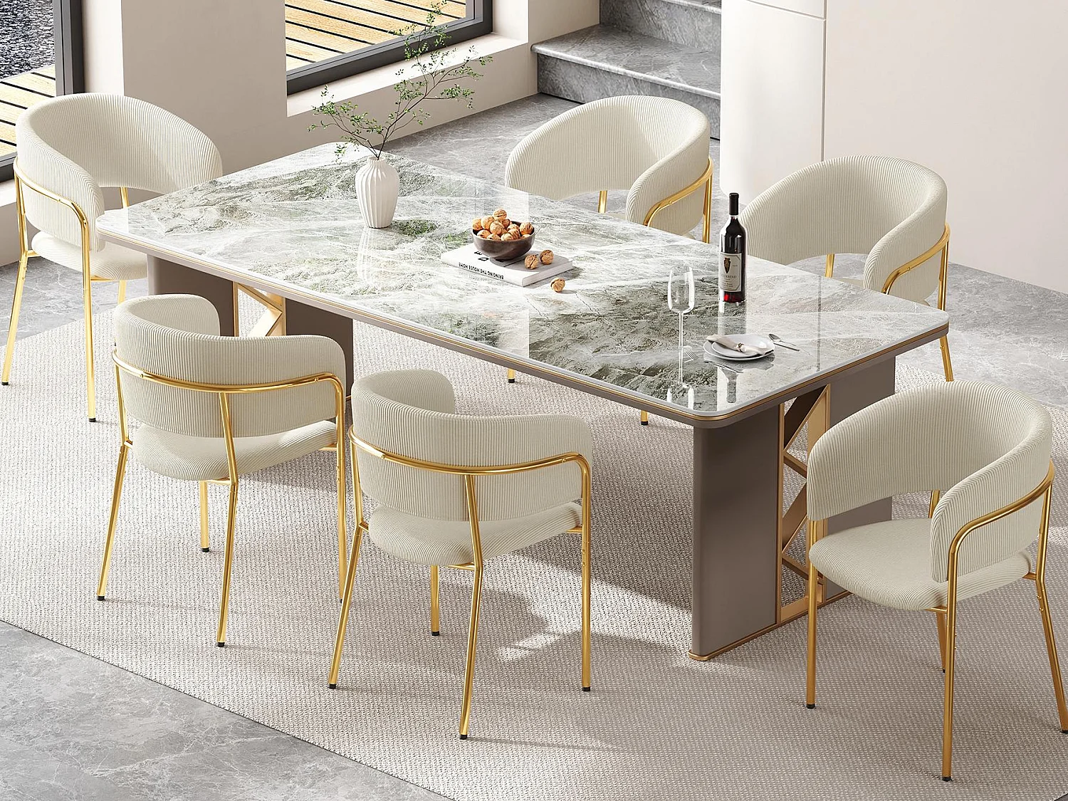 Lot de 6 Chaises - tissu en velours côtelé - pieds en métal - style contemporain - Beige