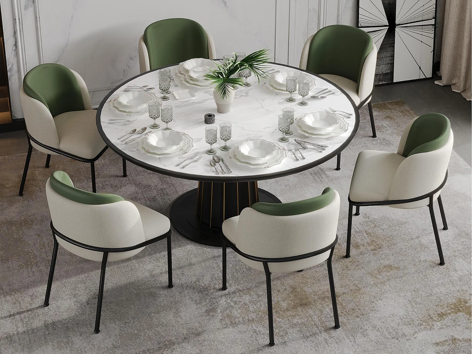 Set di 6 Sedie - Lino e similpelle - gambe in metallo - stile contemporaneo - Verde + Beige