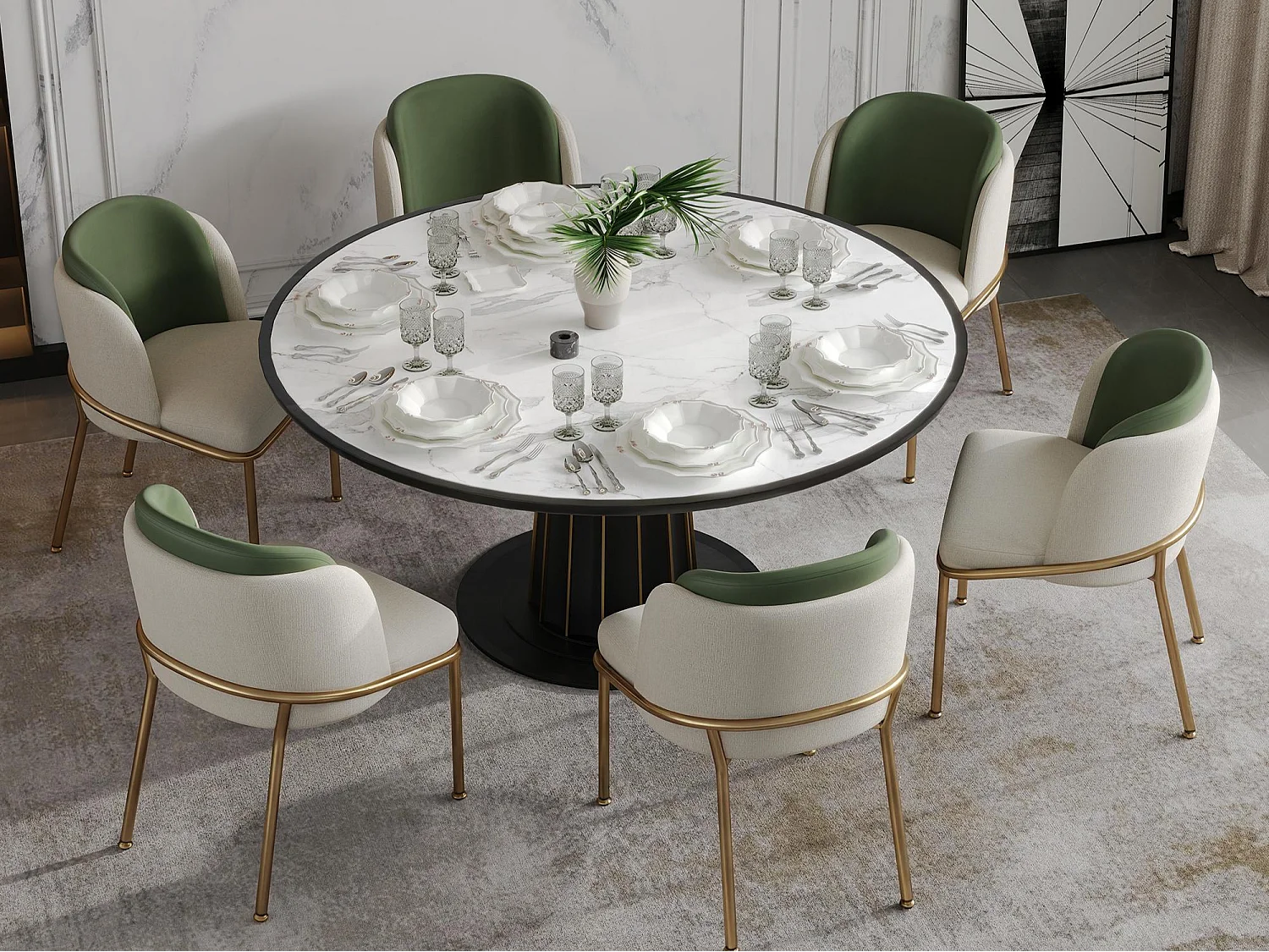 Set of 6 Chairs - Linen and Faux Leather - Metal Legs - Contemporary Style - Green + Beige