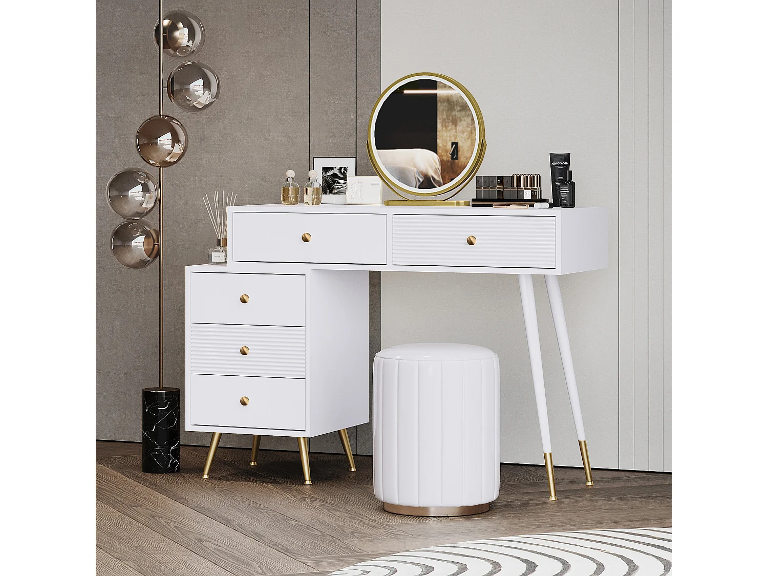 Kaptafel met LED-spiegel en 5 lades - 100 x 40 x 78 cm - spaanplaat - wit (zonder krukje)