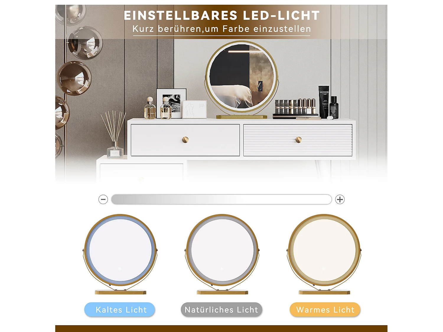 Kaptafel met LED-spiegel en 5 lades - 100 x 40 x 78 cm - spaanplaat - wit (zonder krukje)