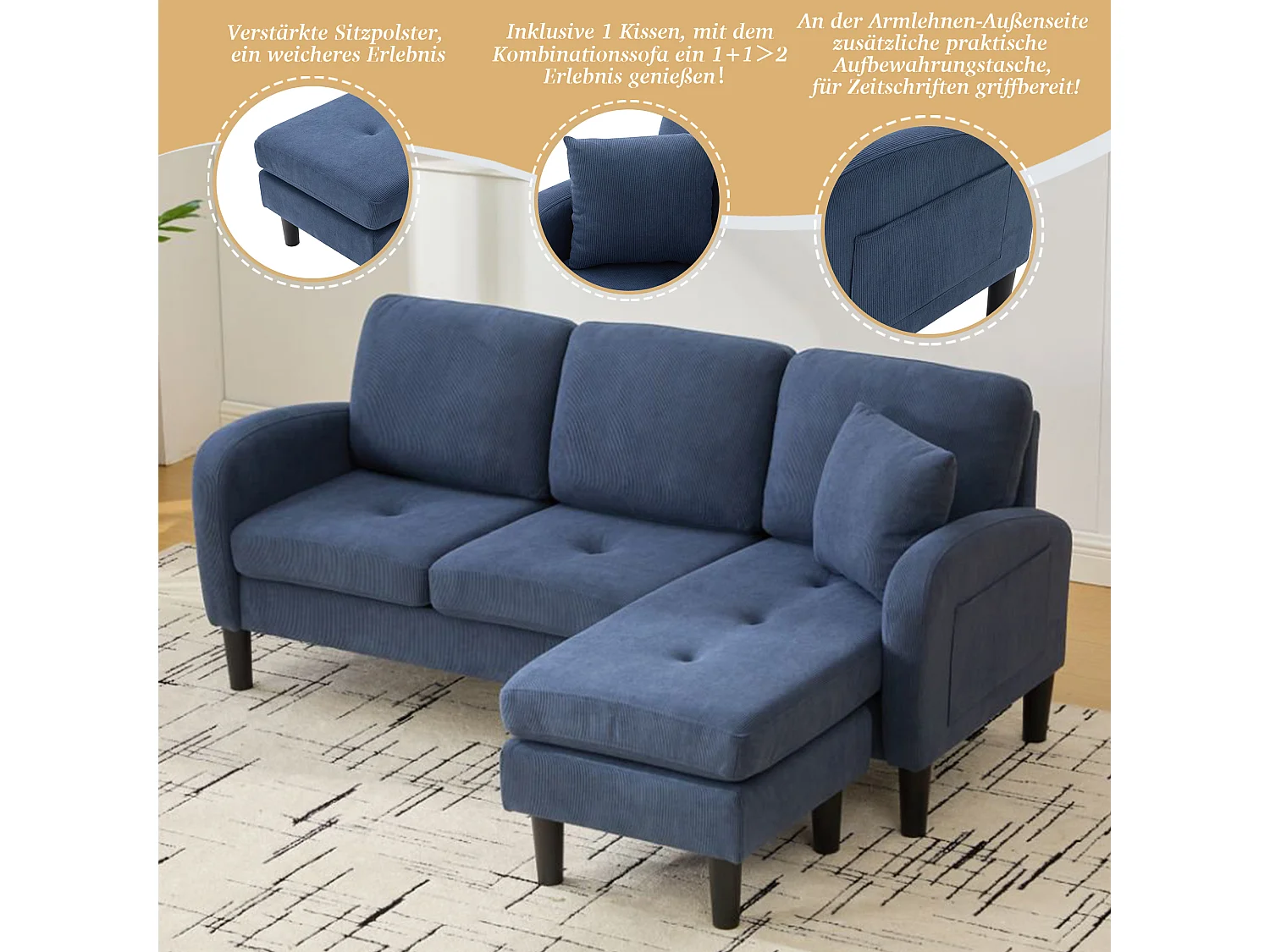 3-zits hoekbank met chaise longue - 166 x 118 x 77 cm - fluwelen stof - kunststof poten - blauw