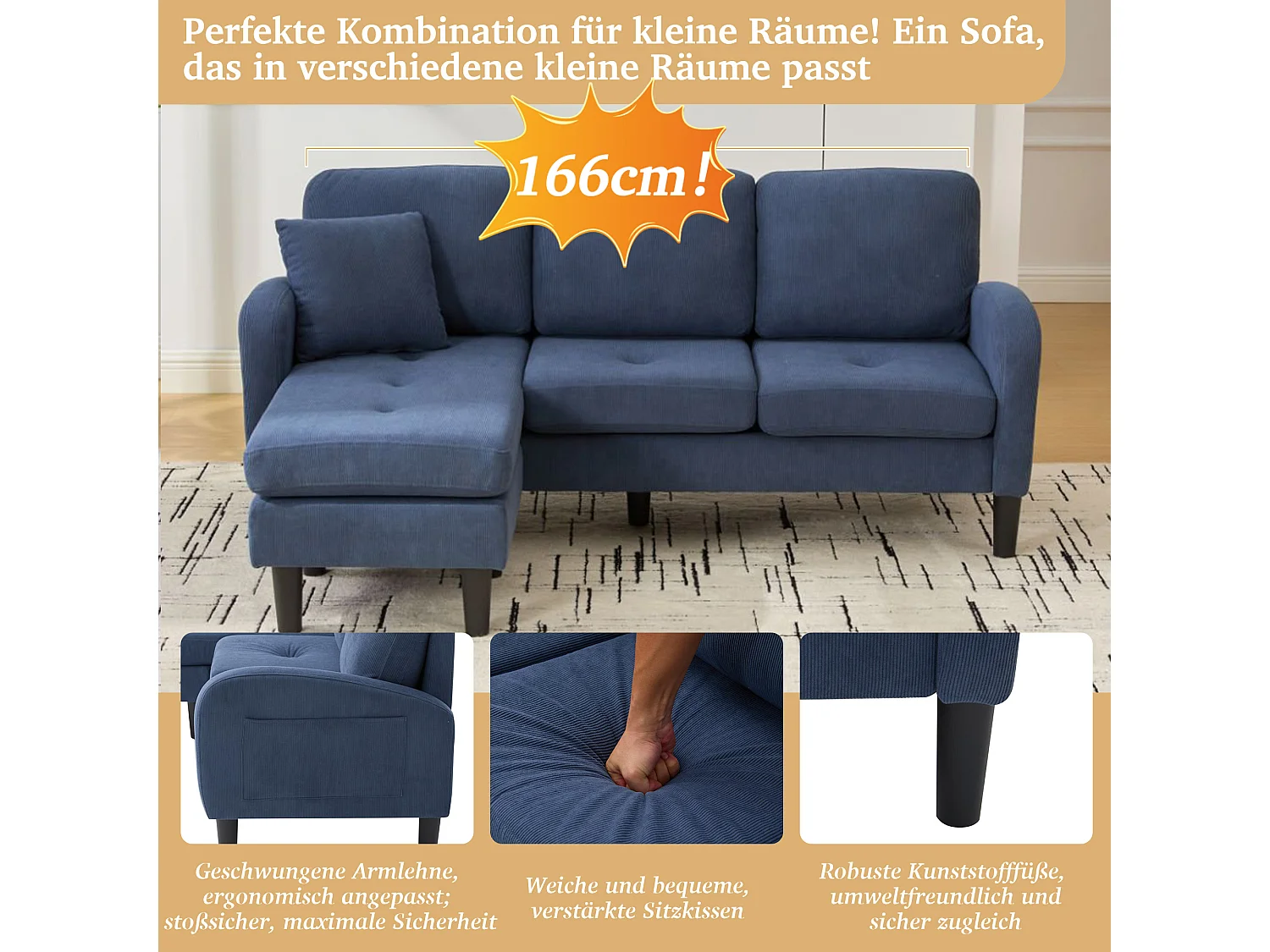 3-zits hoekbank met chaise longue - 166 x 118 x 77 cm - fluwelen stof - kunststof poten - blauw