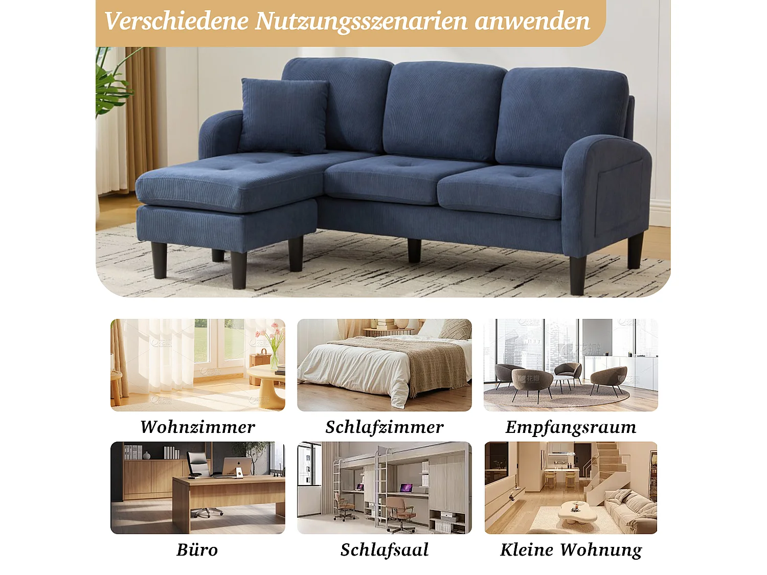 3-zits hoekbank met chaise longue - 166 x 118 x 77 cm - fluwelen stof - kunststof poten - blauw