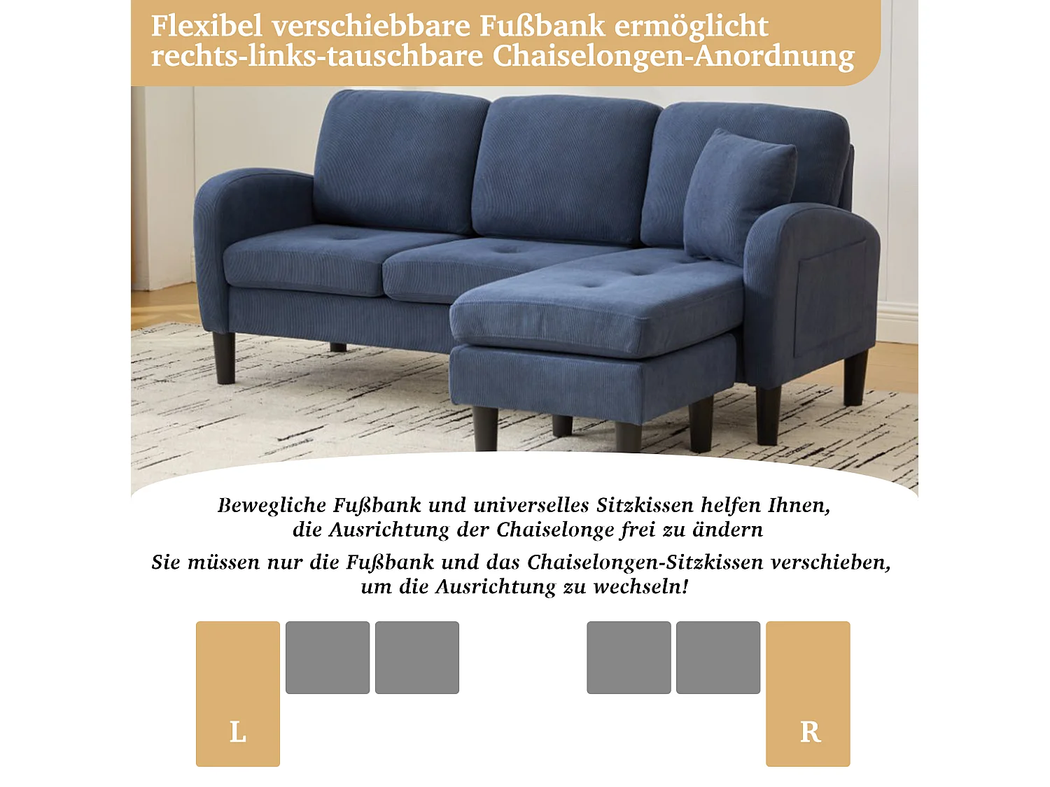 3-zits hoekbank met chaise longue - 166 x 118 x 77 cm - fluwelen stof - kunststof poten - blauw