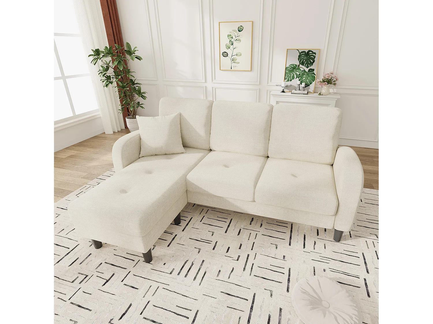 3-zits hoekbank met chaise longue - 166 x 118 x 77 cm - fluwelen stof - kunststof poten - lichtbeige