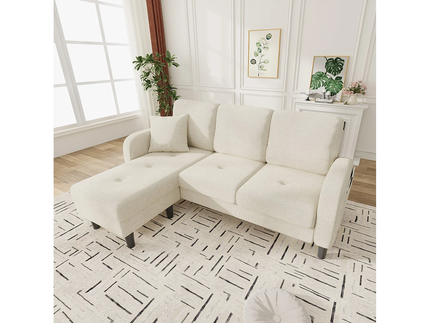 3-zits hoekbank met chaise longue - 166 x 118 x 77 cm - fluwelen stof - kunststof poten - lichtbeige