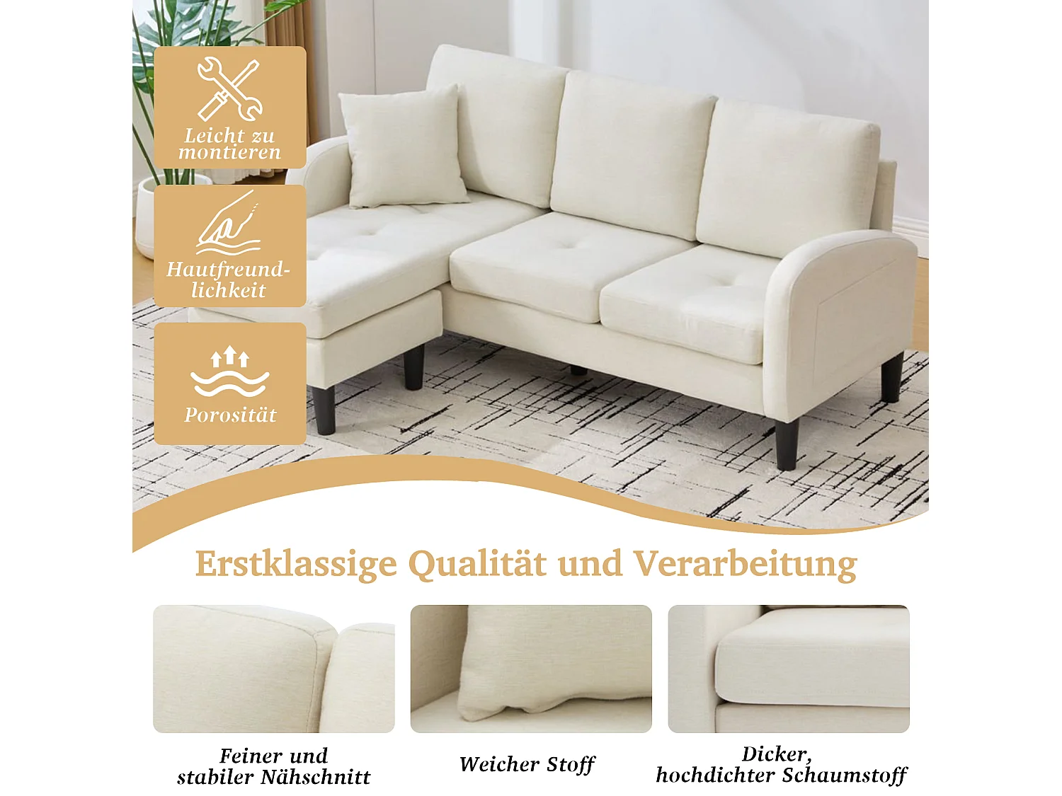 3-zits hoekbank met chaise longue - 166 x 118 x 77 cm - fluwelen stof - kunststof poten - lichtbeige