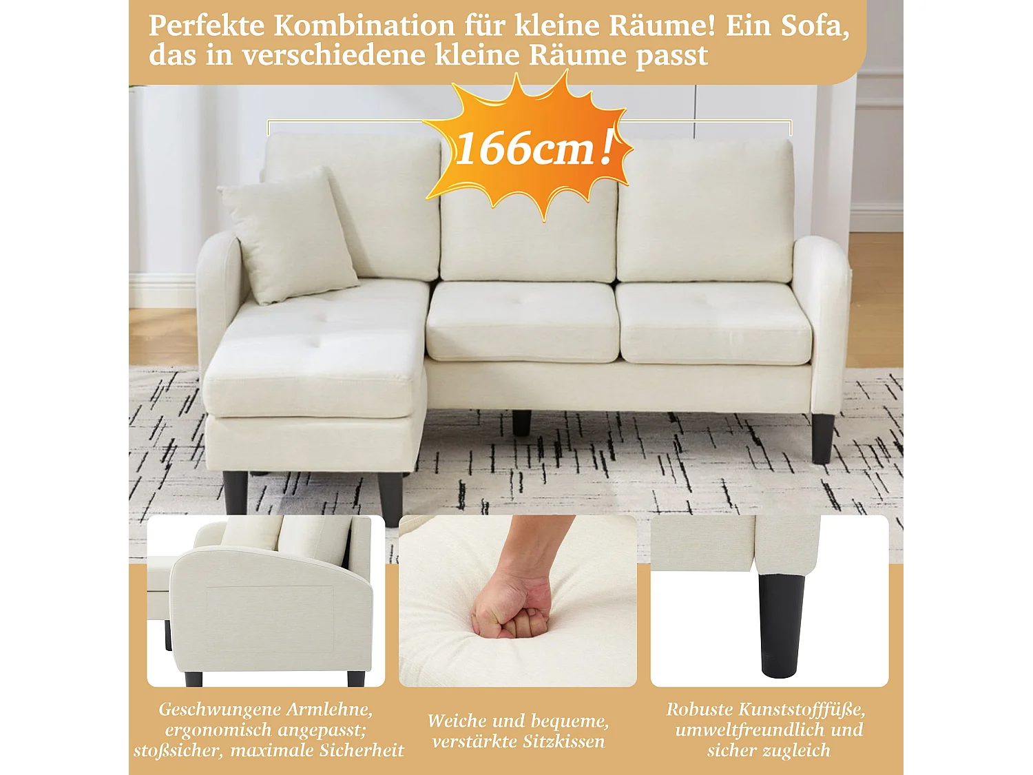 3-zits hoekbank met chaise longue - 166 x 118 x 77 cm - fluwelen stof - kunststof poten - lichtbeige
