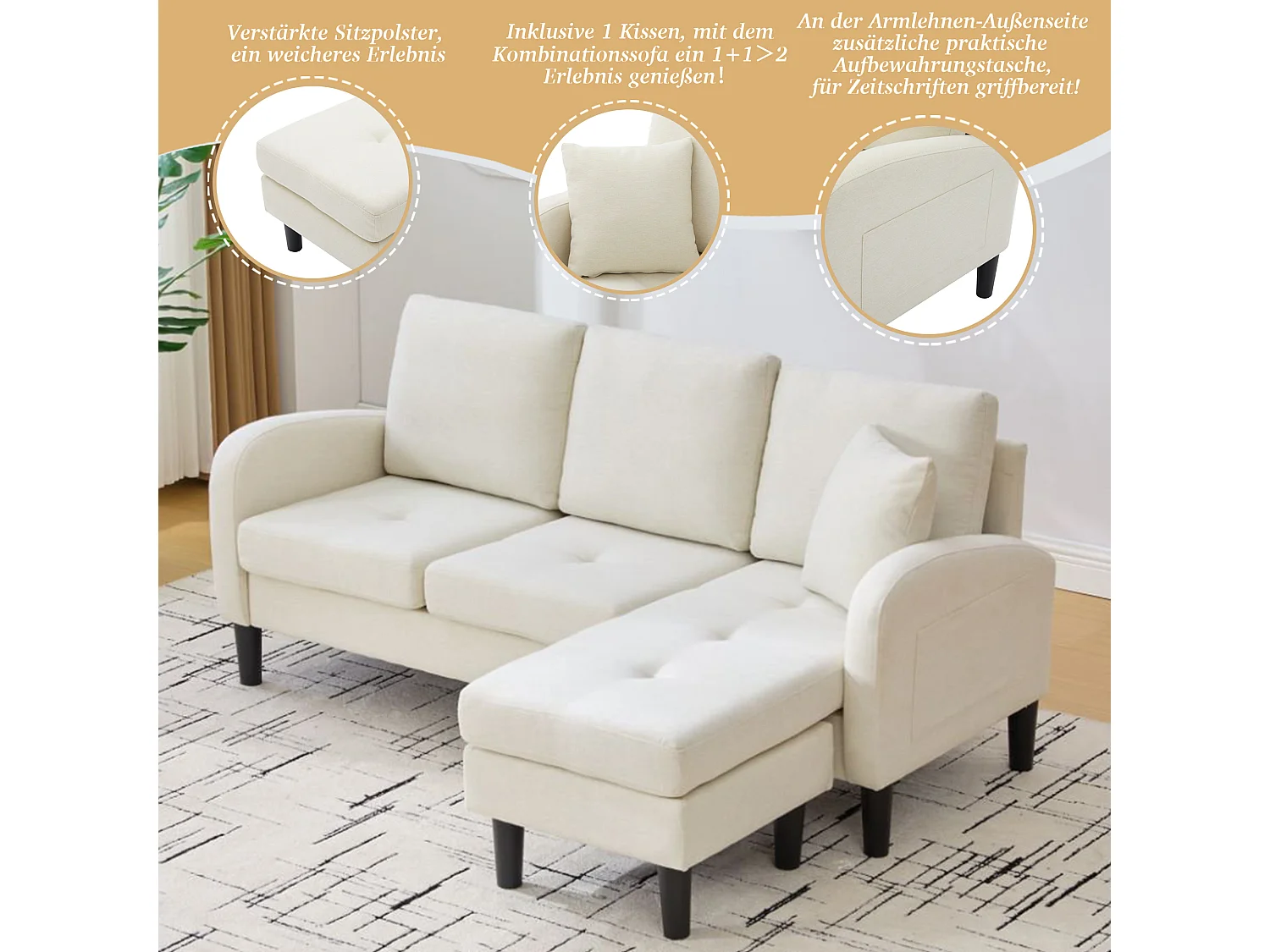 3-zits hoekbank met chaise longue - 166 x 118 x 77 cm - fluwelen stof - kunststof poten - lichtbeige