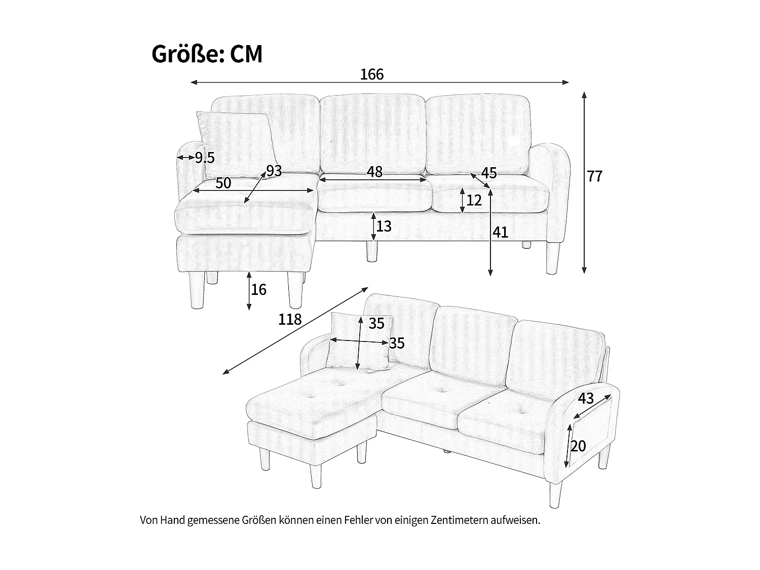 3-zits hoekbank met chaise longue - 166 x 118 x 77 cm - fluwelen stof - kunststof poten - lichtbeige