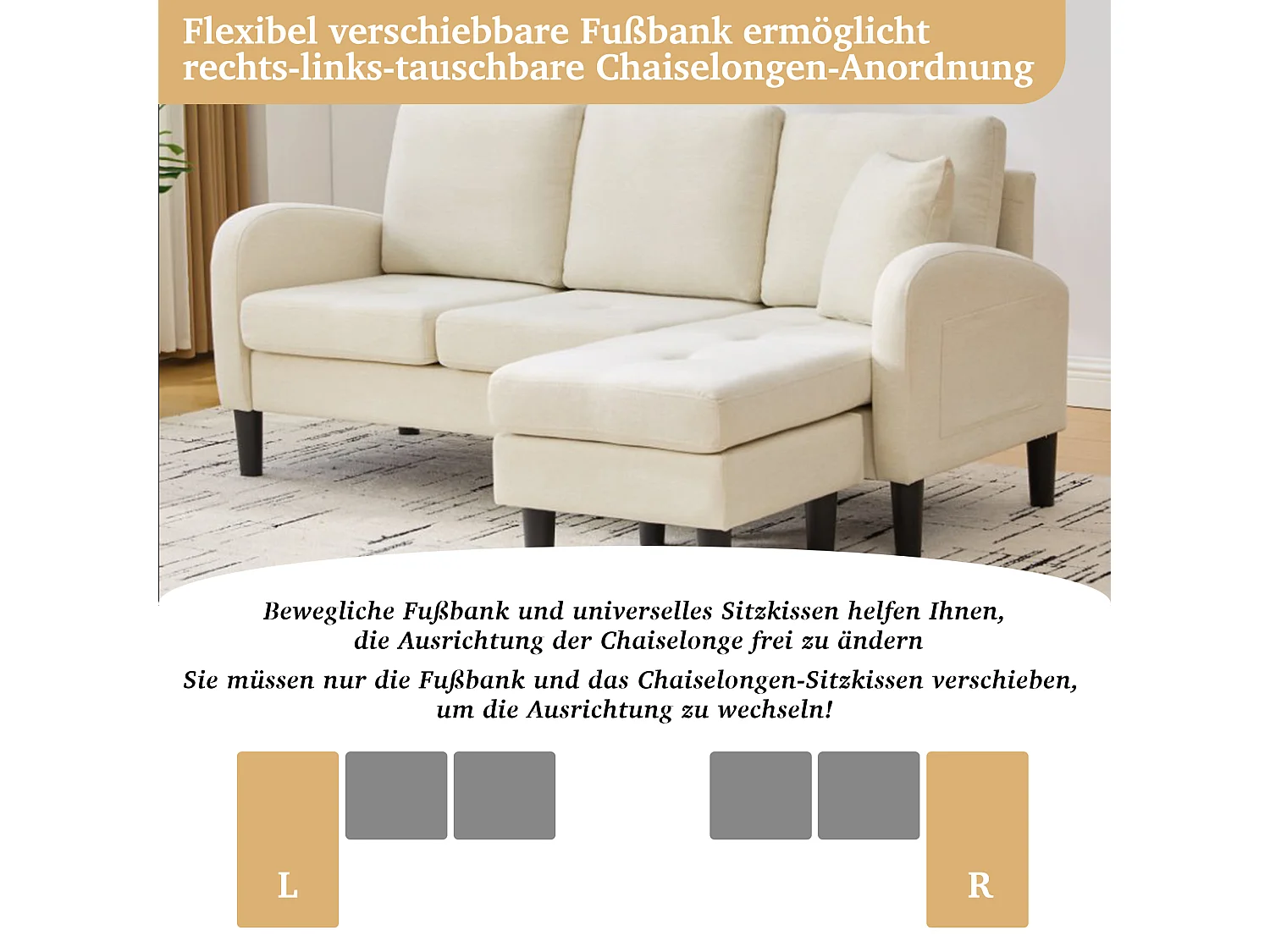 3-zits hoekbank met chaise longue - 166 x 118 x 77 cm - fluwelen stof - kunststof poten - lichtbeige