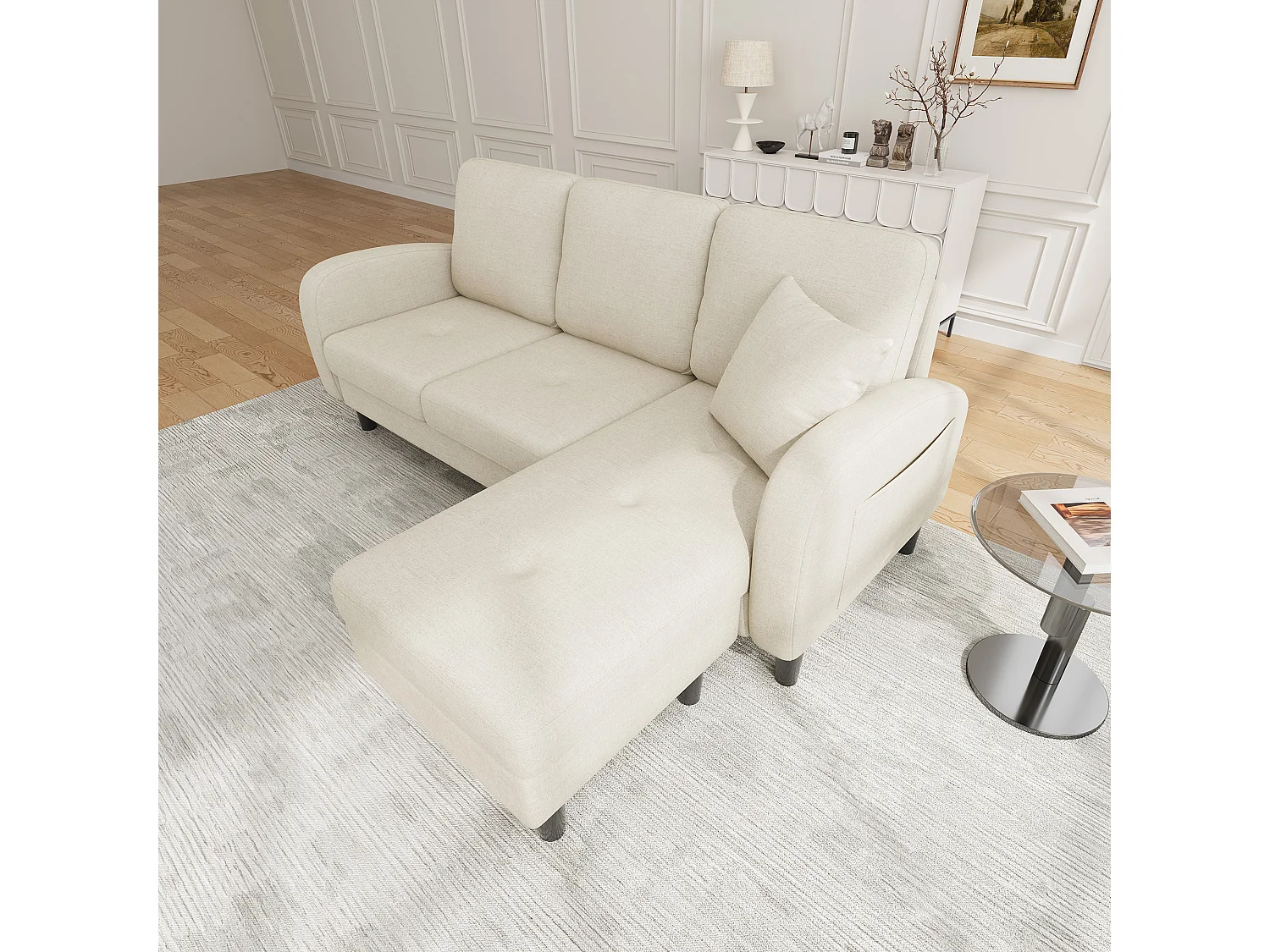 3-zits hoekbank met chaise longue - 166 x 118 x 77 cm - fluwelen stof - kunststof poten - lichtbeige