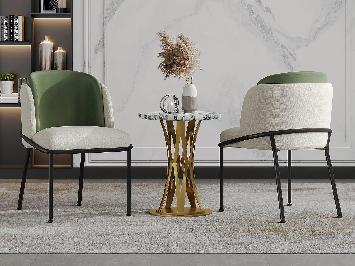 Set di 2 Sedie - Lino e similpelle - gambe in metallo - stile contemporaneo - Verde + Beige