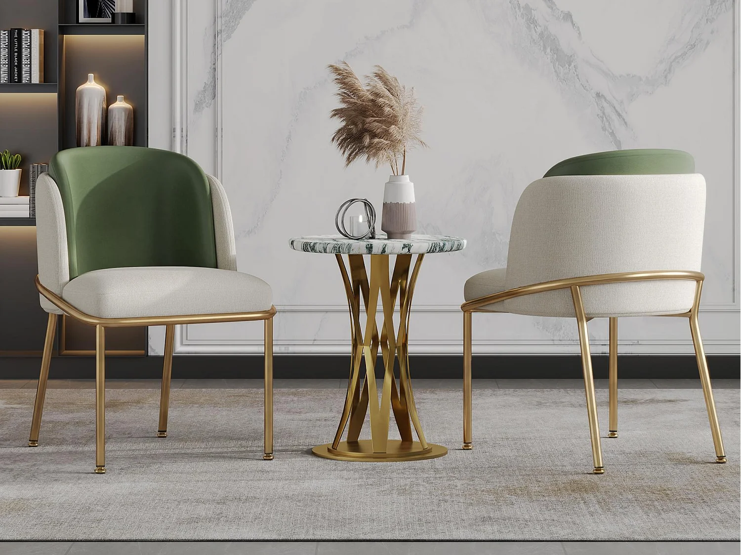 Set of 2 Chairs - Linen and faux leather - Metal legs - Contemporary style - Green + Beige