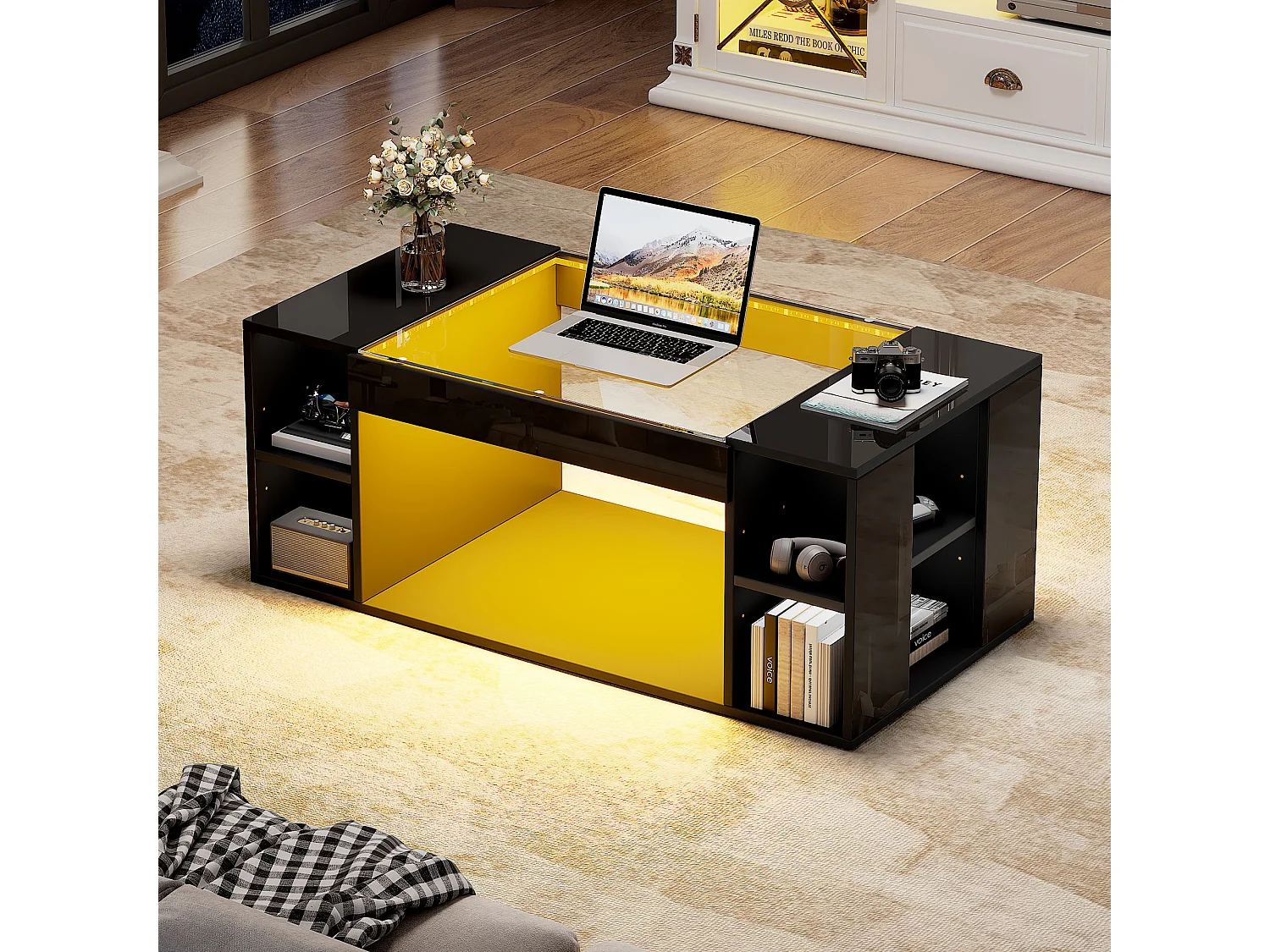 Hochglanzlackierter Couchtisch fürs Wohnzimmer – 100 x 50 x 40 cm – mit Tischplatte aus gehärtetem Glas, LED-Beleuchtung und Ablagefläche – schwarz – MDF