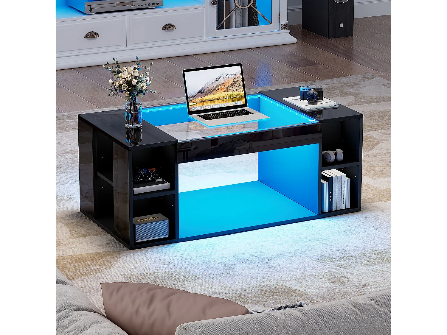 Hochglanzlackierter Couchtisch fürs Wohnzimmer – 100 x 50 x 40 cm – mit Tischplatte aus gehärtetem Glas, LED-Beleuchtung und Ablagefläche – schwarz – MDF