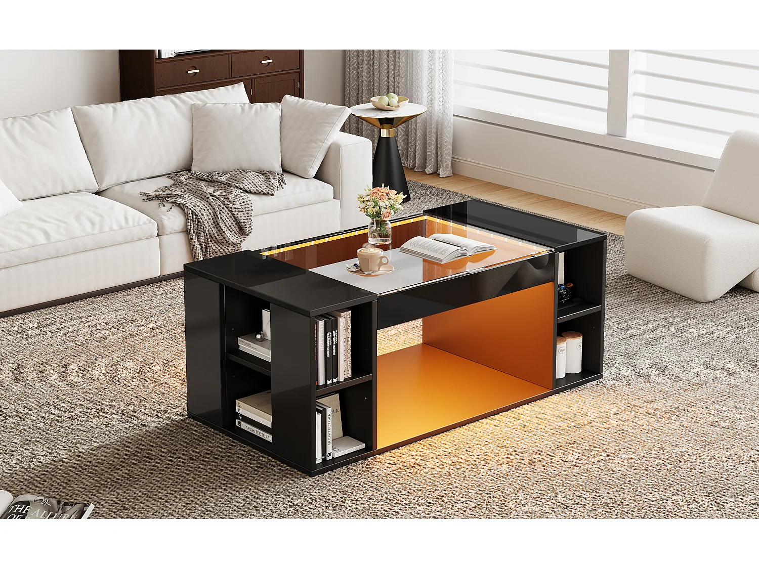 Hochglanzlackierter Couchtisch fürs Wohnzimmer – 100 x 50 x 40 cm – mit Tischplatte aus gehärtetem Glas, LED-Beleuchtung und Ablagefläche – schwarz – MDF