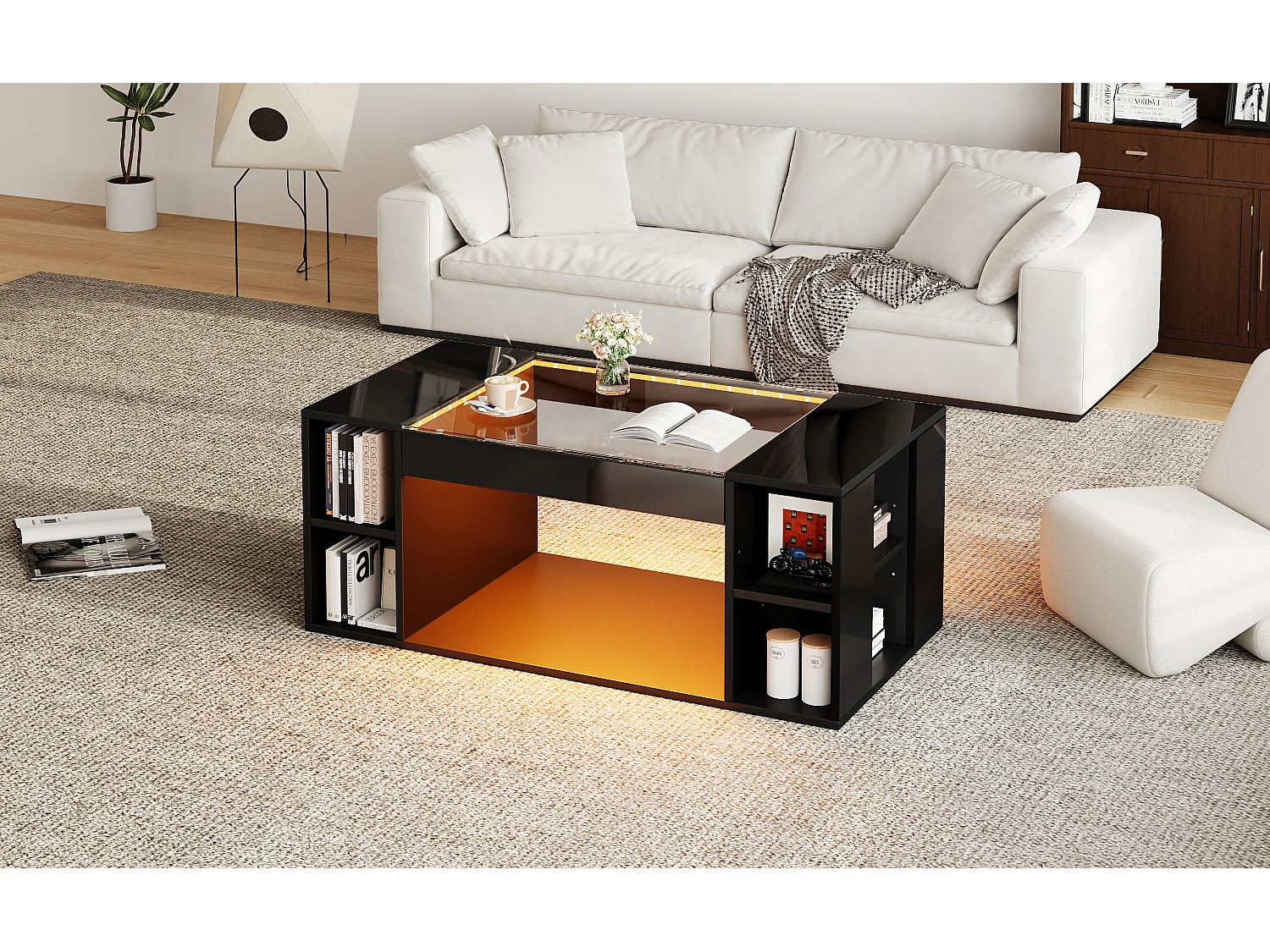 Hochglanzlackierter Couchtisch fürs Wohnzimmer – 100 x 50 x 40 cm – mit Tischplatte aus gehärtetem Glas, LED-Beleuchtung und Ablagefläche – schwarz – MDF