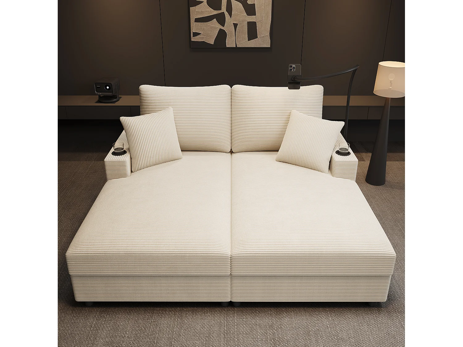 Canapé-lit 2 places fonction couchage - 163 x 140 x 82 cm - avec dossier rembourré + USB + porte-gobelet - velours - Beige