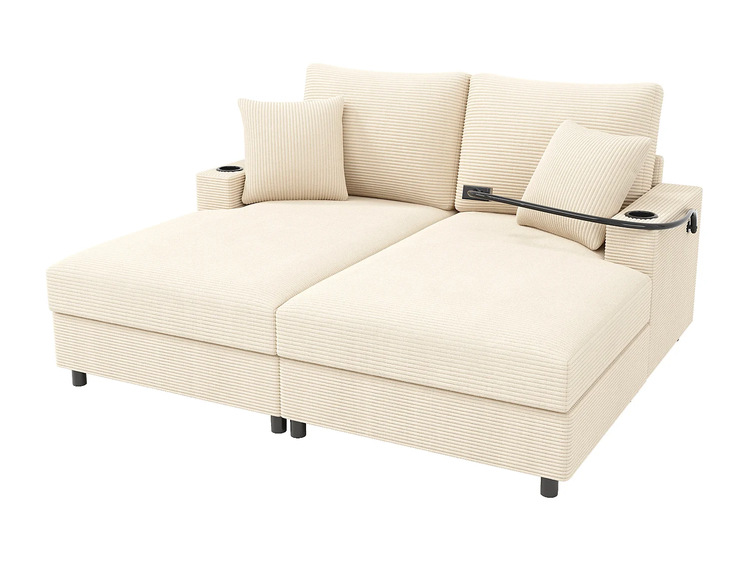 Canapé-lit 2 places fonction couchage - 163 x 140 x 82 cm - avec dossier rembourré + USB + porte-gobelet - velours - Beige