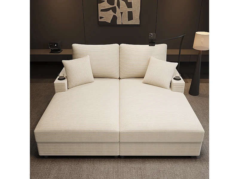 Canapé-lit 2 places fonction couchage - 163 x 140 x 82 cm - avec dossier rembourré + USB + porte-gobelet - velours - Beige