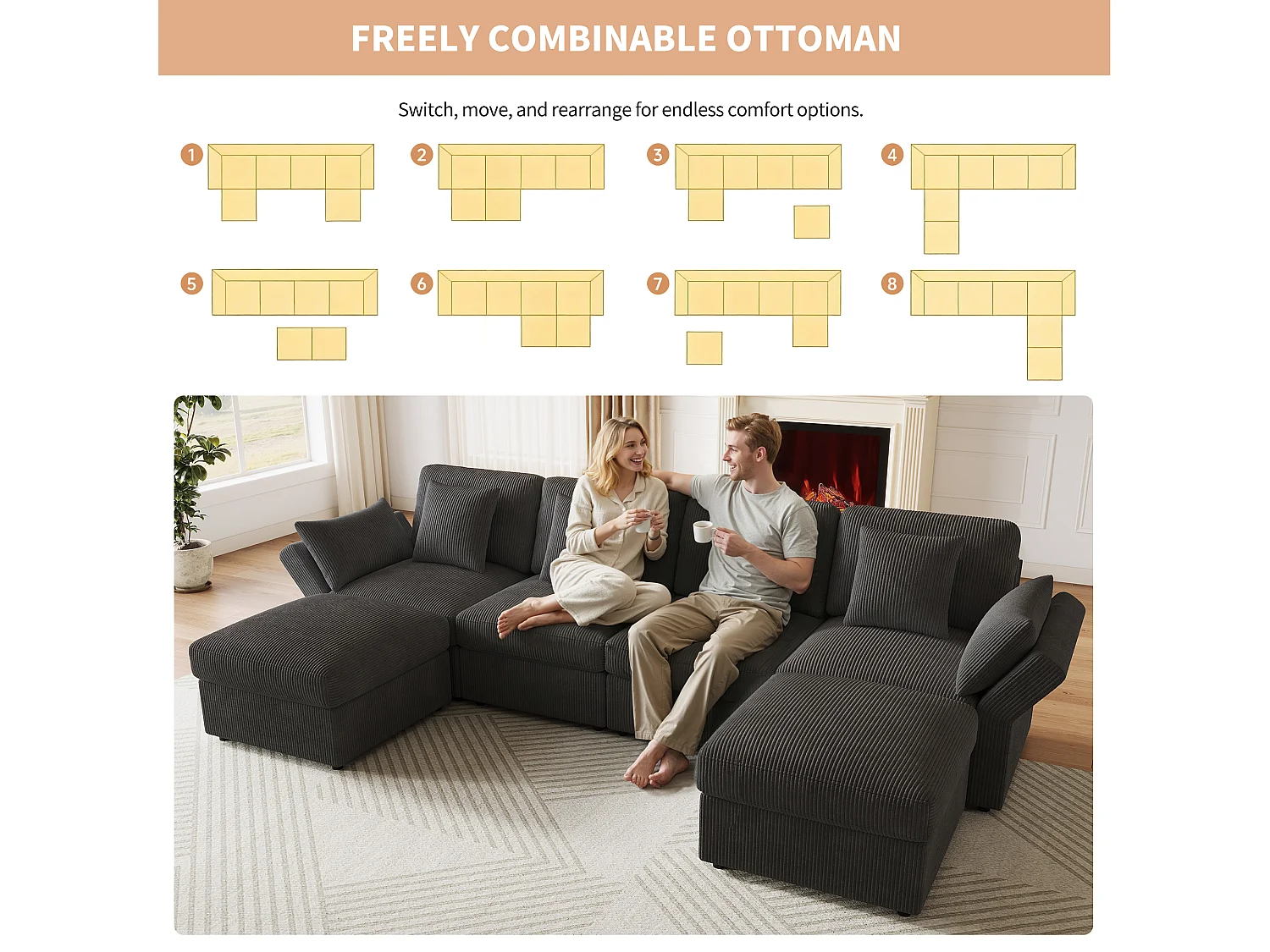 Canapé d'angle en forme de U 6 places - 290 x 159.5 x 89 cm - avec accoudoirs réglables + pouf amovible - velours - gris