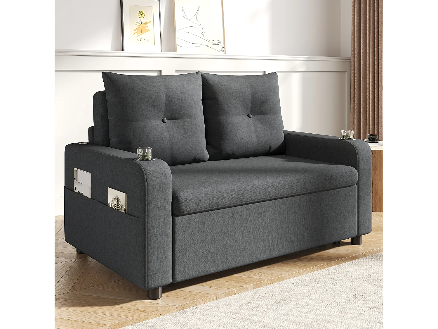 Canapé-lit convertible 3 en 1 - 131 x 81 x 94 cm - avec porte-gobelet + coussins + USB - Coton et lin - gris