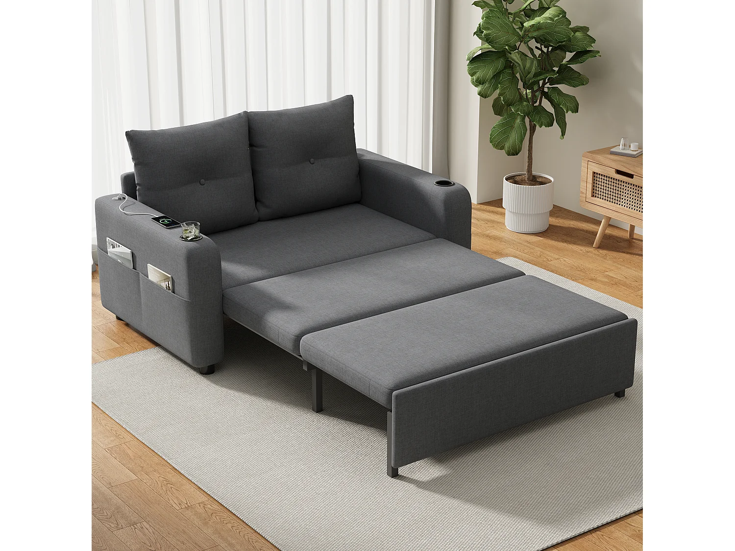 Canapé-lit convertible 3 en 1 - 131 x 81 x 94 cm - avec porte-gobelet + coussins + USB - Coton et lin - gris