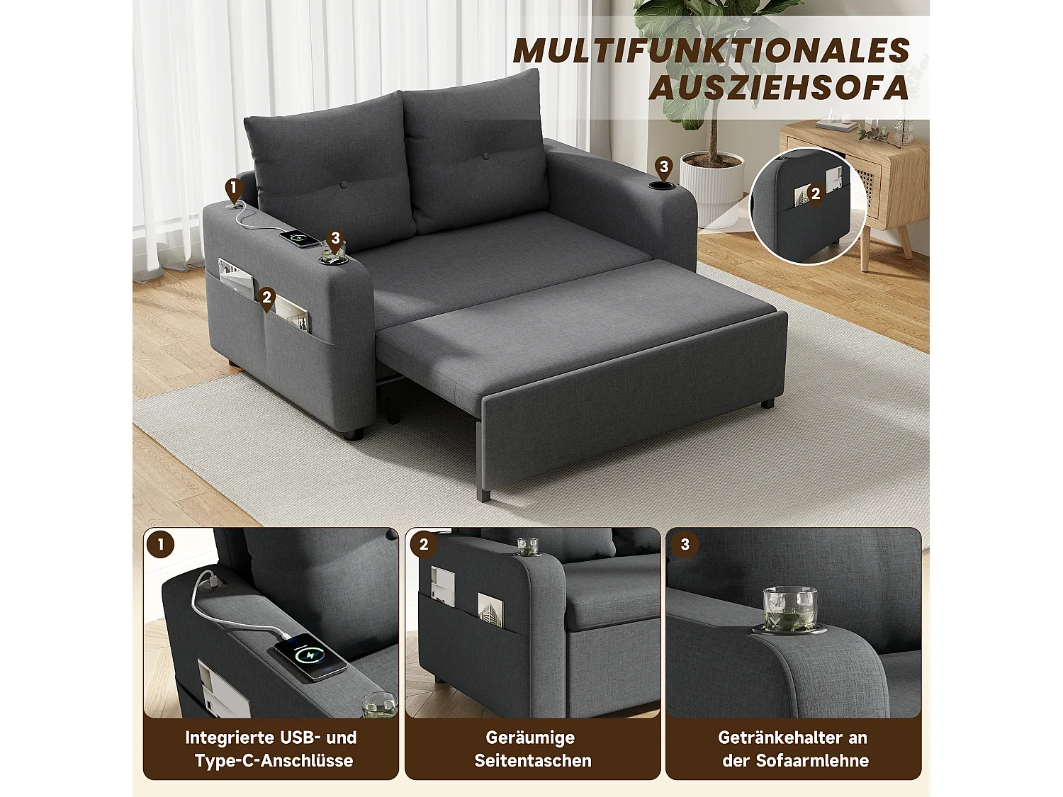 Canapé-lit convertible 3 en 1 - 131 x 81 x 94 cm - avec porte-gobelet + coussins + USB - Coton et lin - gris