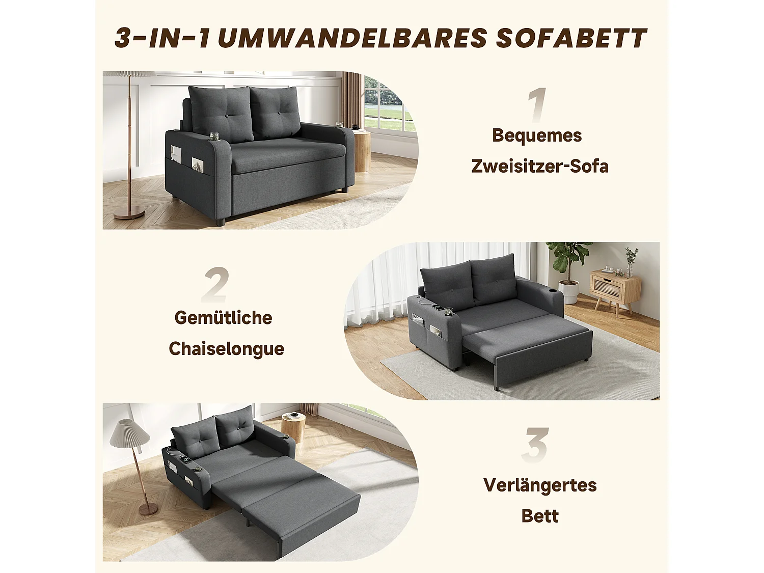 Canapé-lit convertible 3 en 1 - 131 x 81 x 94 cm - avec porte-gobelet + coussins + USB - Coton et lin - gris