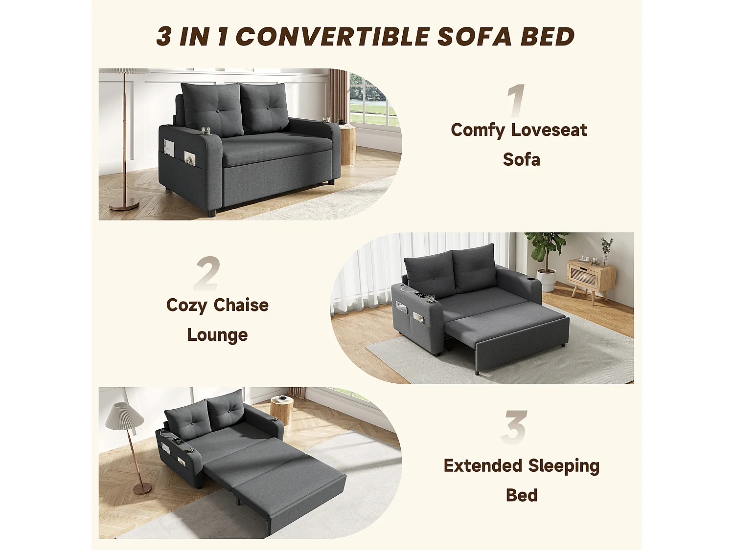 Canapé-lit convertible 3 en 1 - 131 x 81 x 94 cm - avec porte-gobelet + coussins + USB - Coton et lin - gris