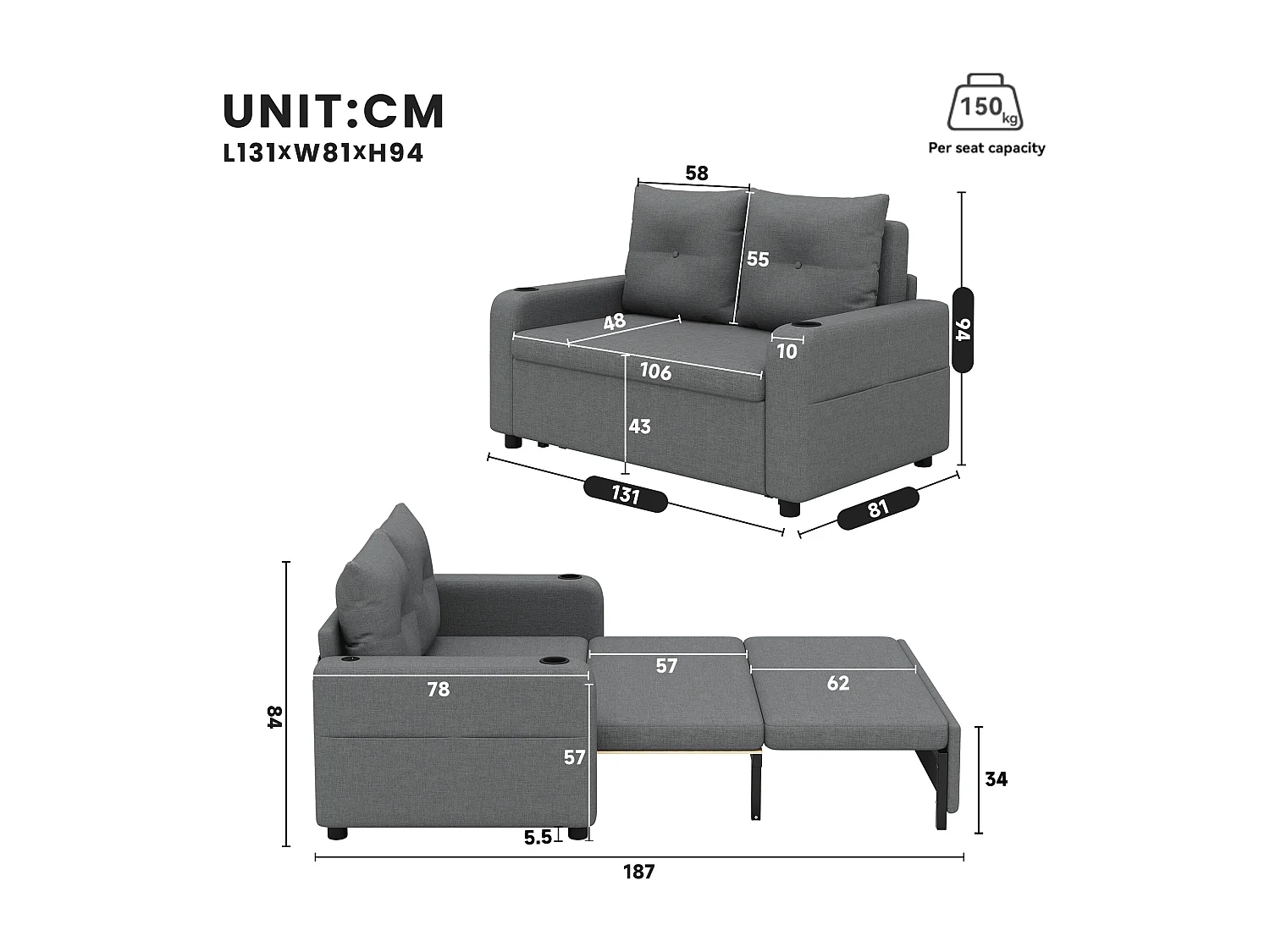 Canapé-lit convertible 3 en 1 - 131 x 81 x 94 cm - avec porte-gobelet + coussins + USB - Coton et lin - gris