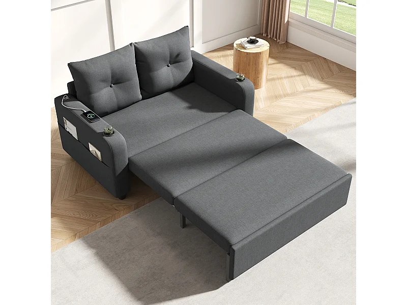 Canapé-lit convertible 3 en 1 - 131 x 81 x 94 cm - avec porte-gobelet + coussins + USB - Coton et lin - gris