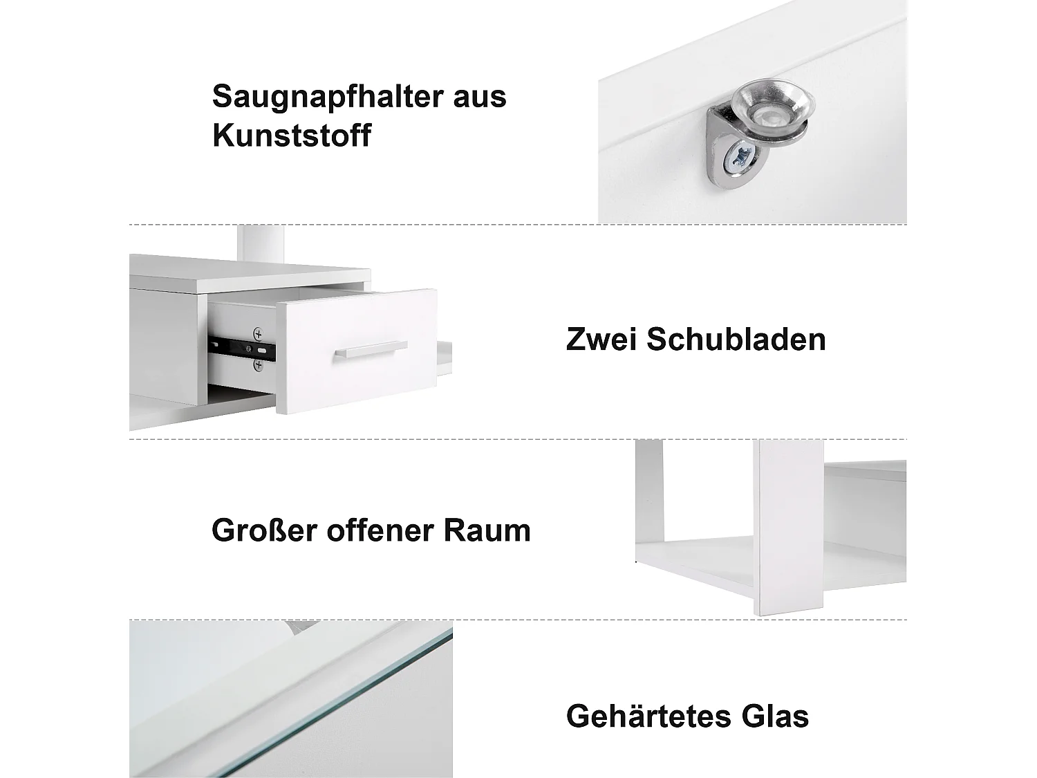 Couchtisch mit Glasplatte – 100 x 50 x 40 cm – mit Schublade und Ablage – Spanplatte – weiß