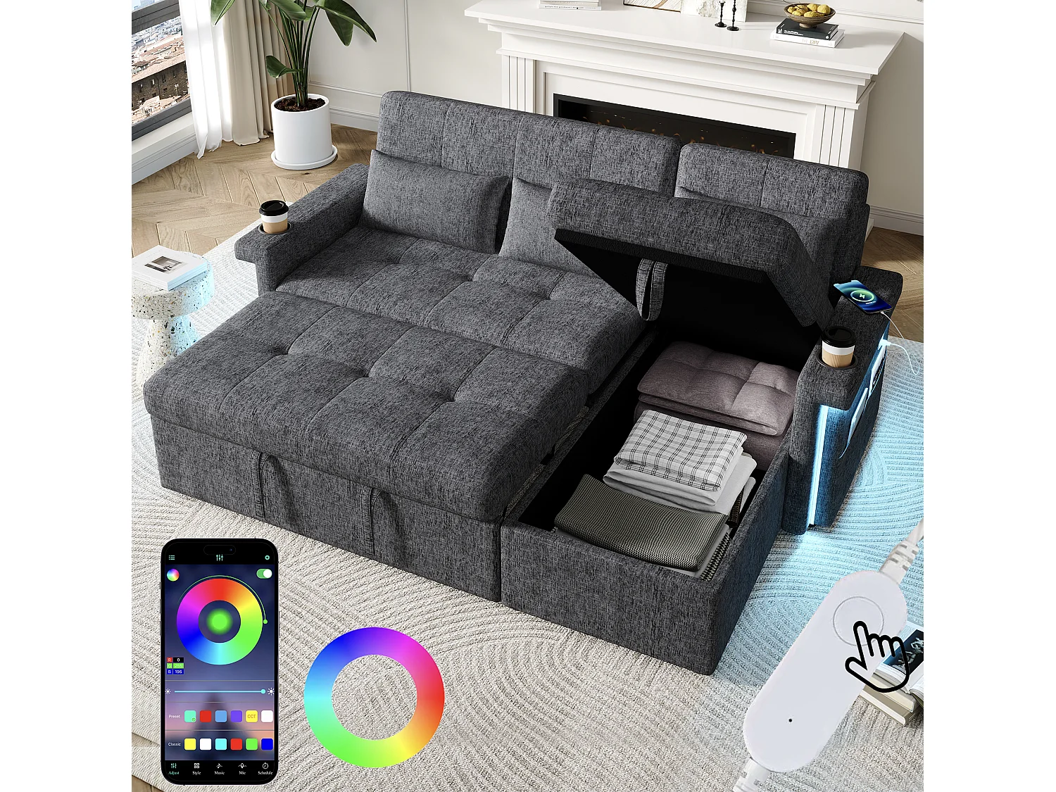 Canapé convertible gigogne - 209 x 141.5 x 90 cm - avec Leds + USB + dossier réglable + rangement - Chenille - gris