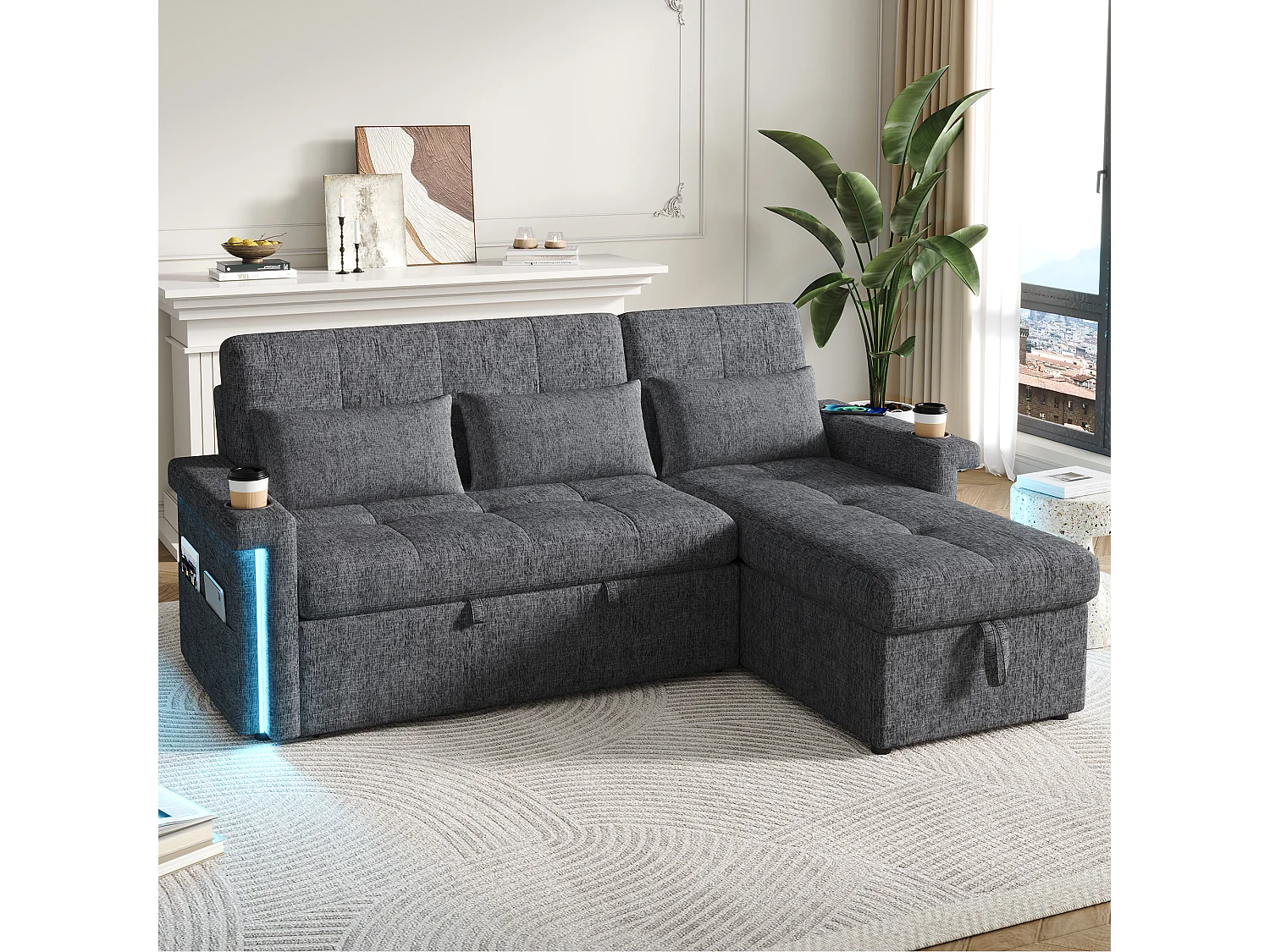 Canapé convertible gigogne - 209 x 141.5 x 90 cm - avec Leds + USB + dossier réglable + rangement - Chenille - gris