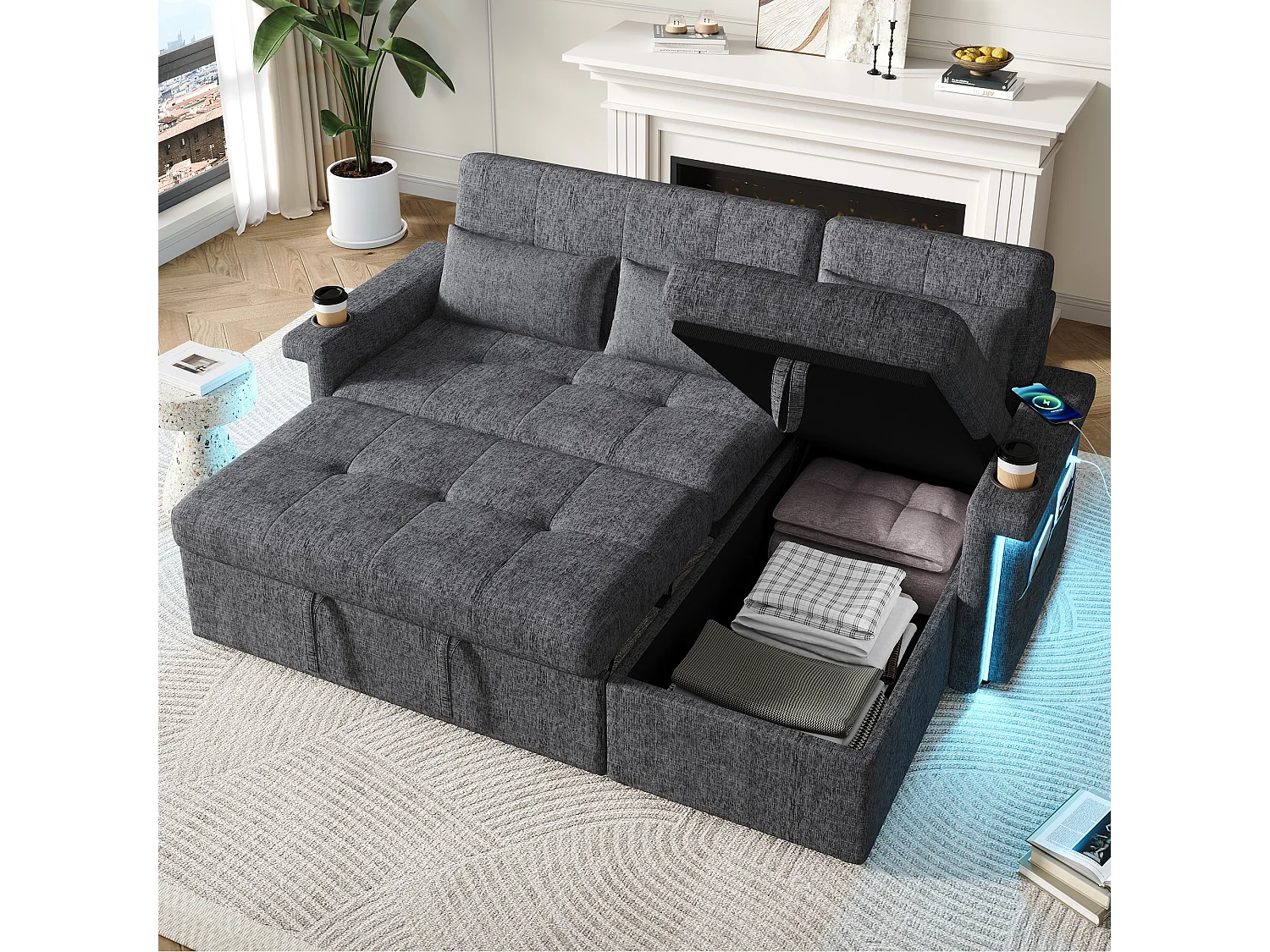 Canapé convertible gigogne - 209 x 141.5 x 90 cm - avec Leds + USB + dossier réglable + rangement - Chenille - gris