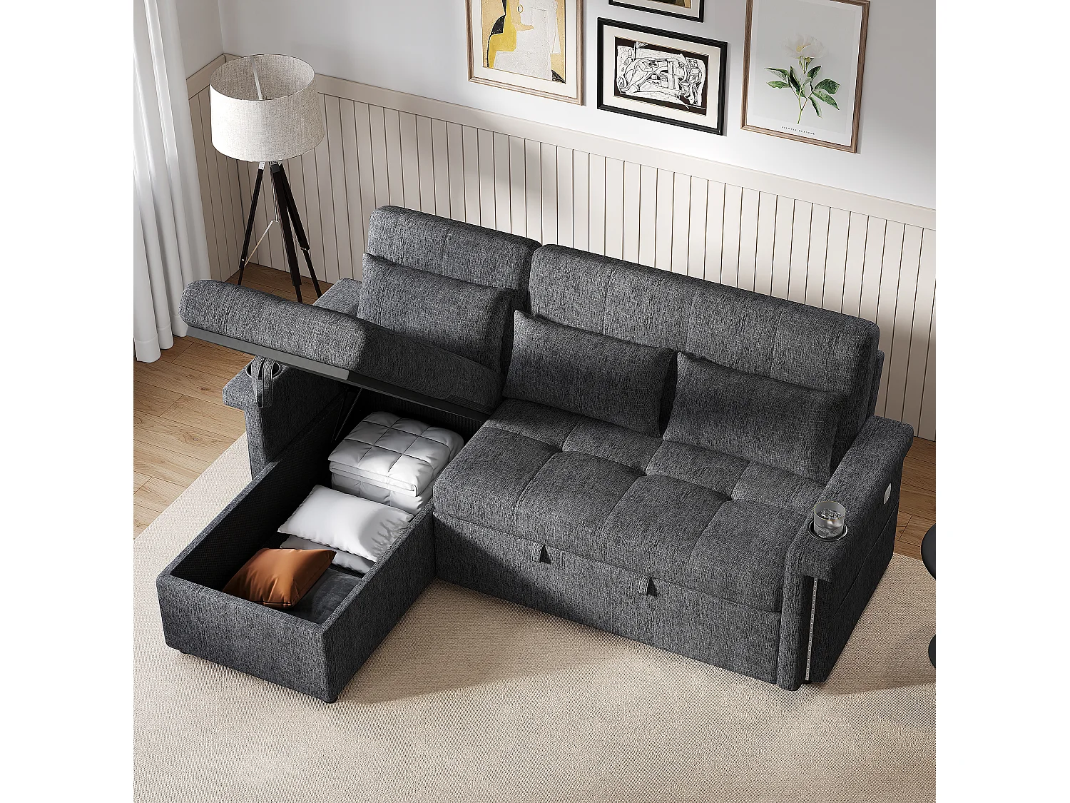 Canapé convertible gigogne - 209 x 141.5 x 90 cm - avec Leds + USB + dossier réglable + rangement - Chenille - gris