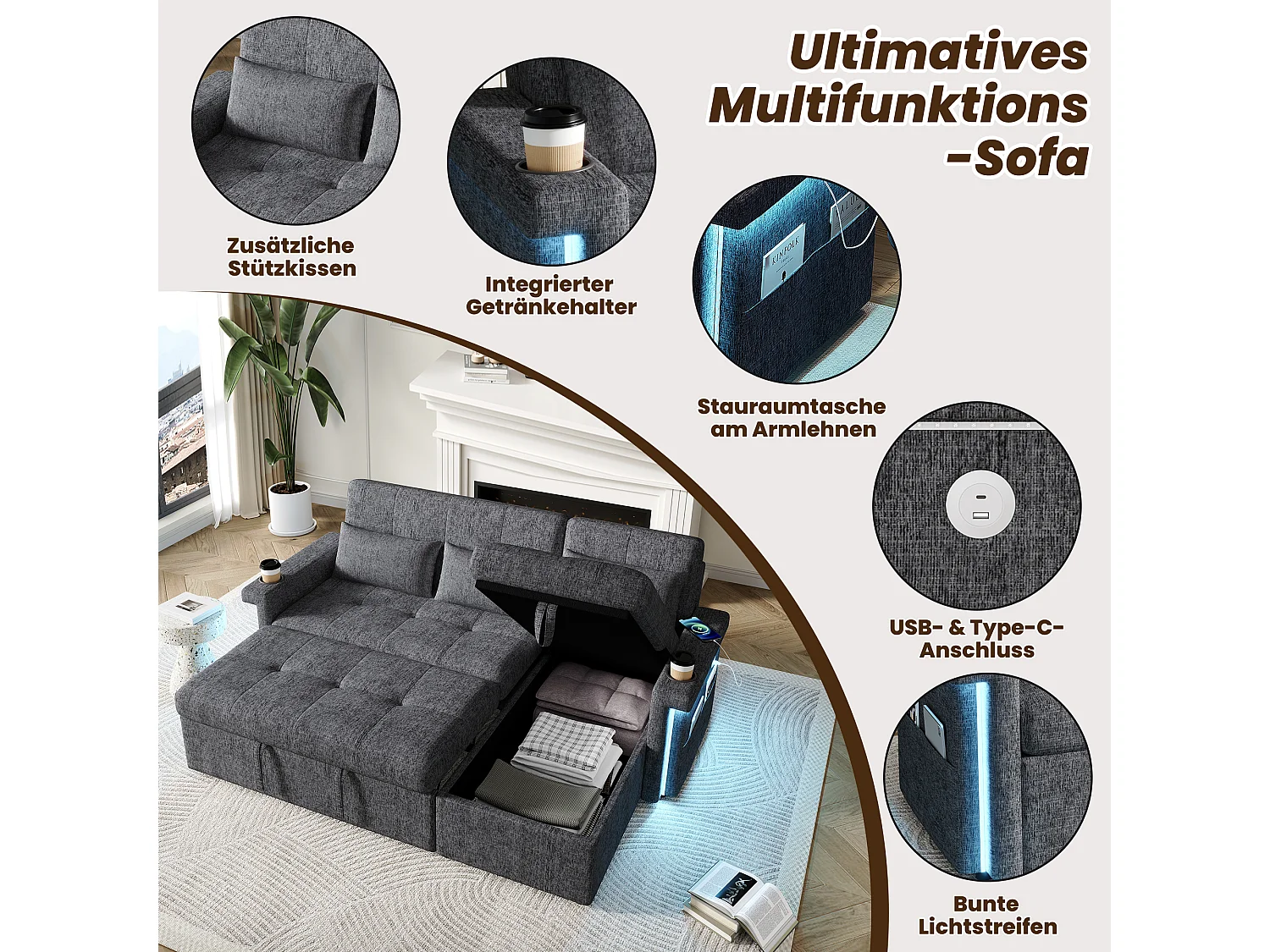 Canapé convertible gigogne - 209 x 141.5 x 90 cm - avec Leds + USB + dossier réglable + rangement - Chenille - gris