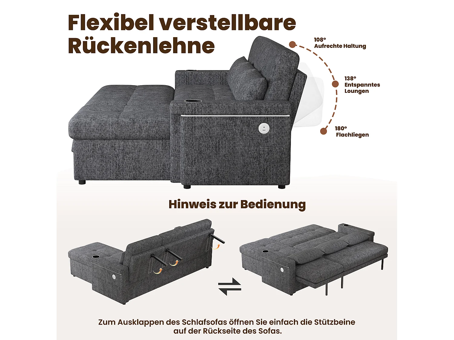 Canapé convertible gigogne - 209 x 141.5 x 90 cm - avec Leds + USB + dossier réglable + rangement - Chenille - gris