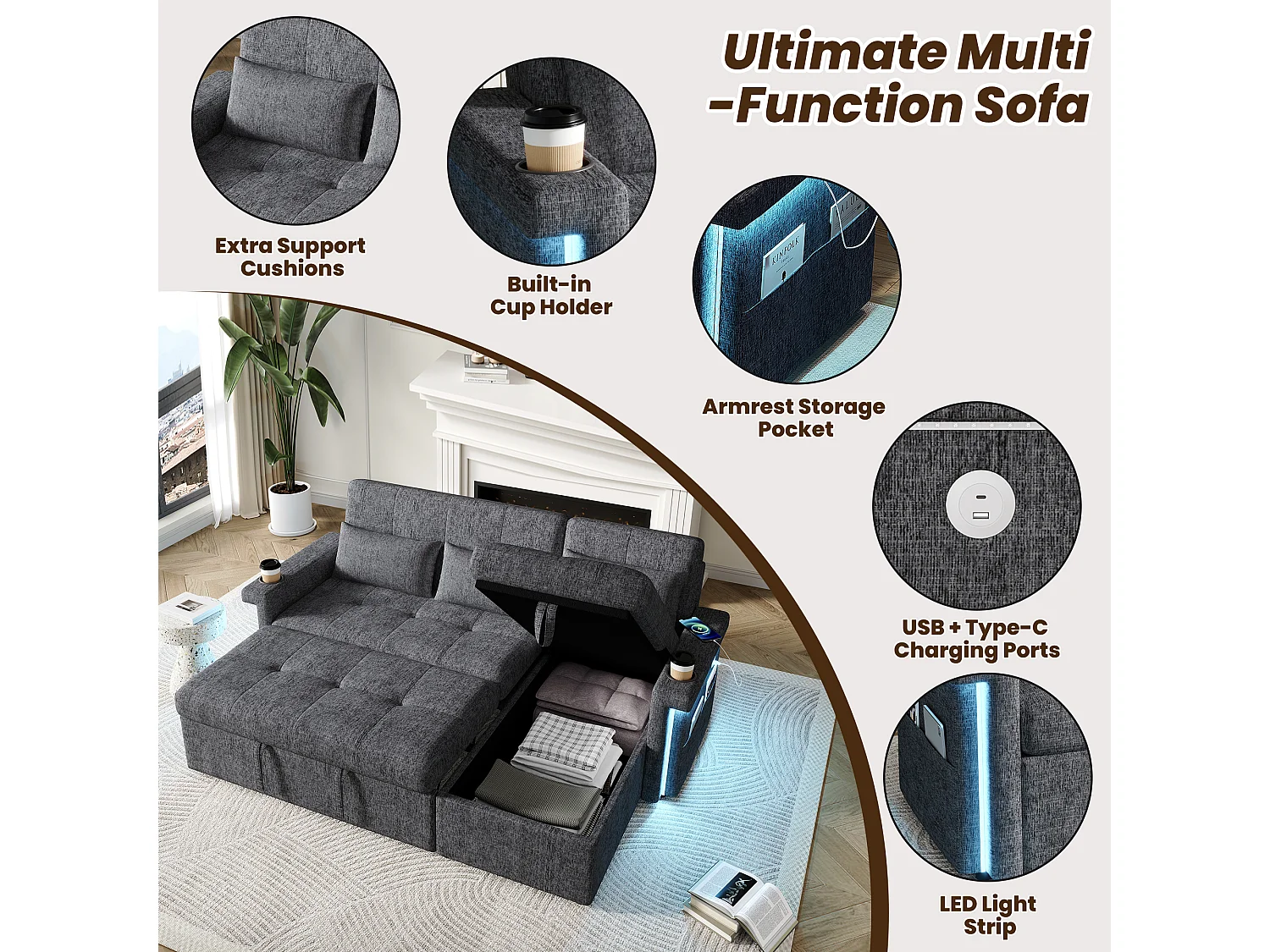 Canapé convertible gigogne - 209 x 141.5 x 90 cm - avec Leds + USB + dossier réglable + rangement - Chenille - gris